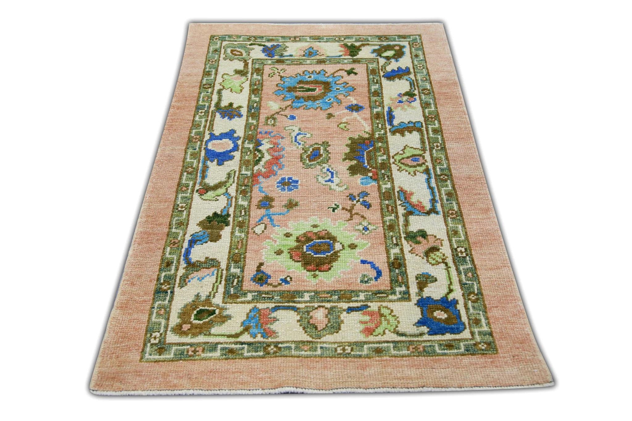Contemporary Floral Handwoven Turkish Oushak Rug in Coral, Green, Brown, and Blue 3' x 5'1