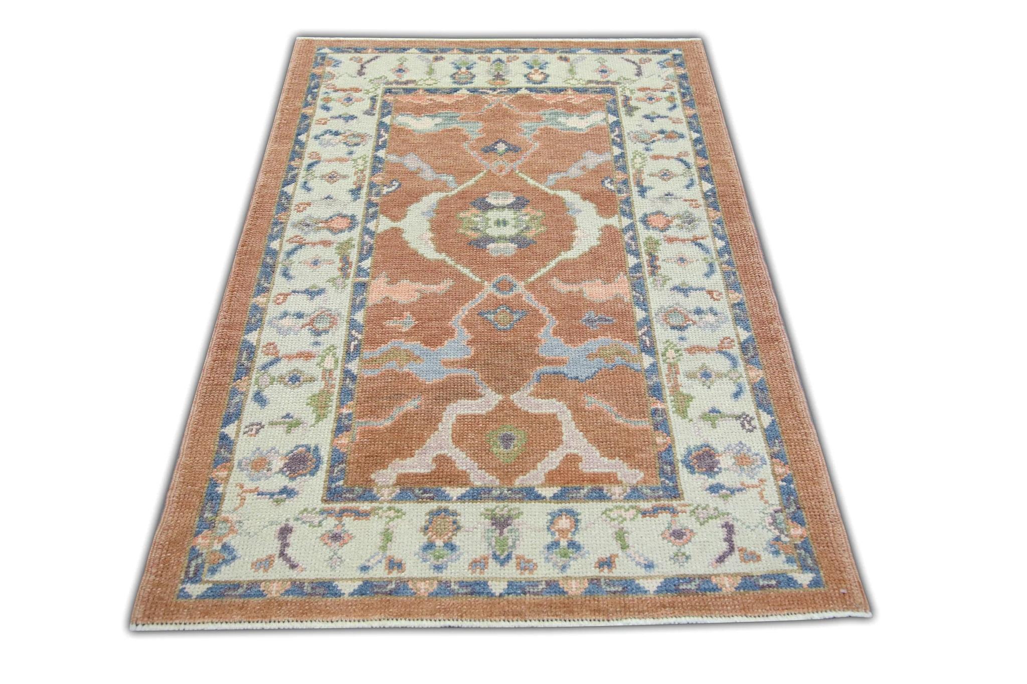 Contemporary Burnt Orange Floral Pattern Handwoven Wool Turkish Oushak Rug 3'1