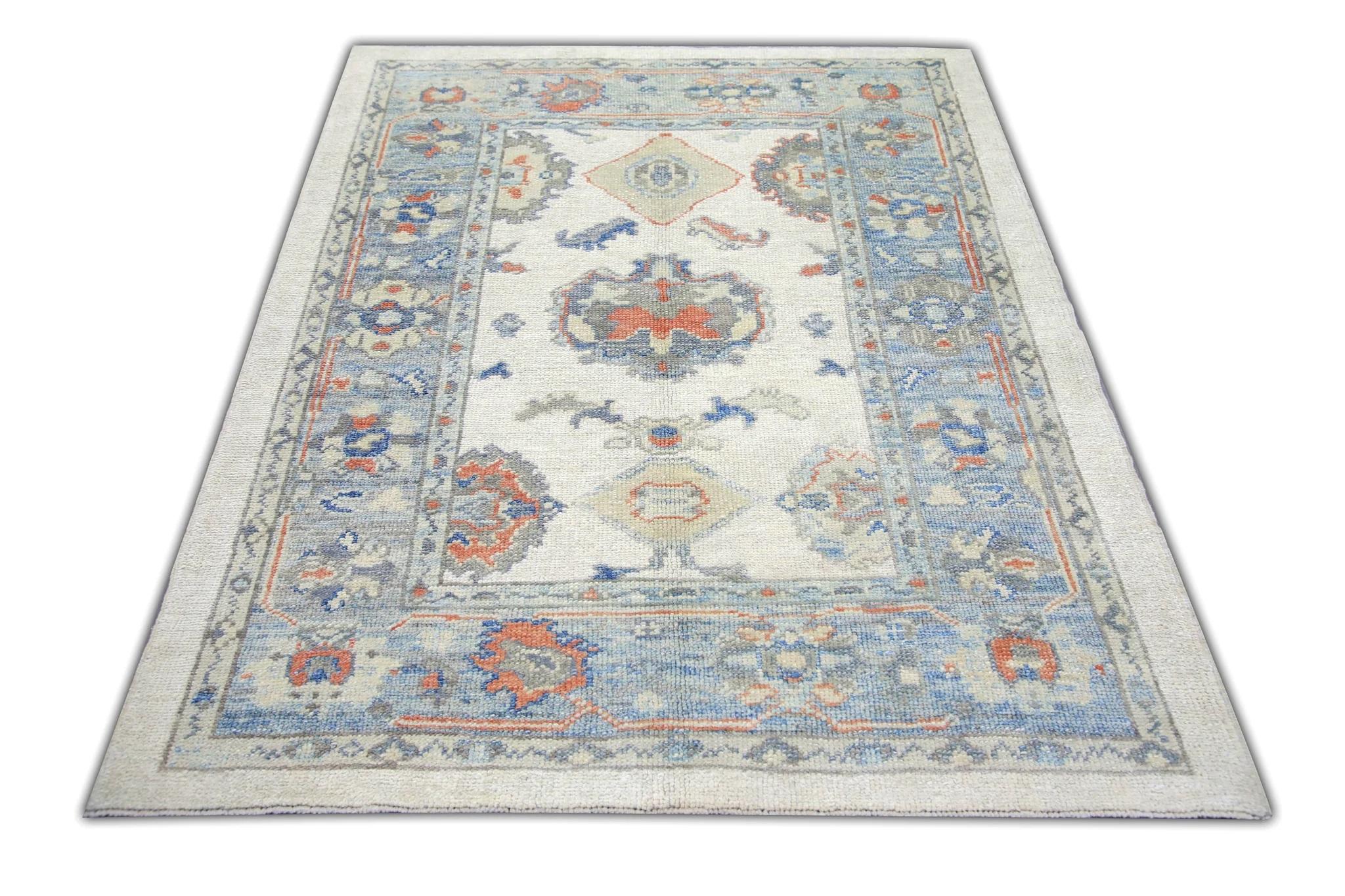 Contemporary Pastel Blue Floral Design Handwoven Wool Turkish Oushak Rug 4'2