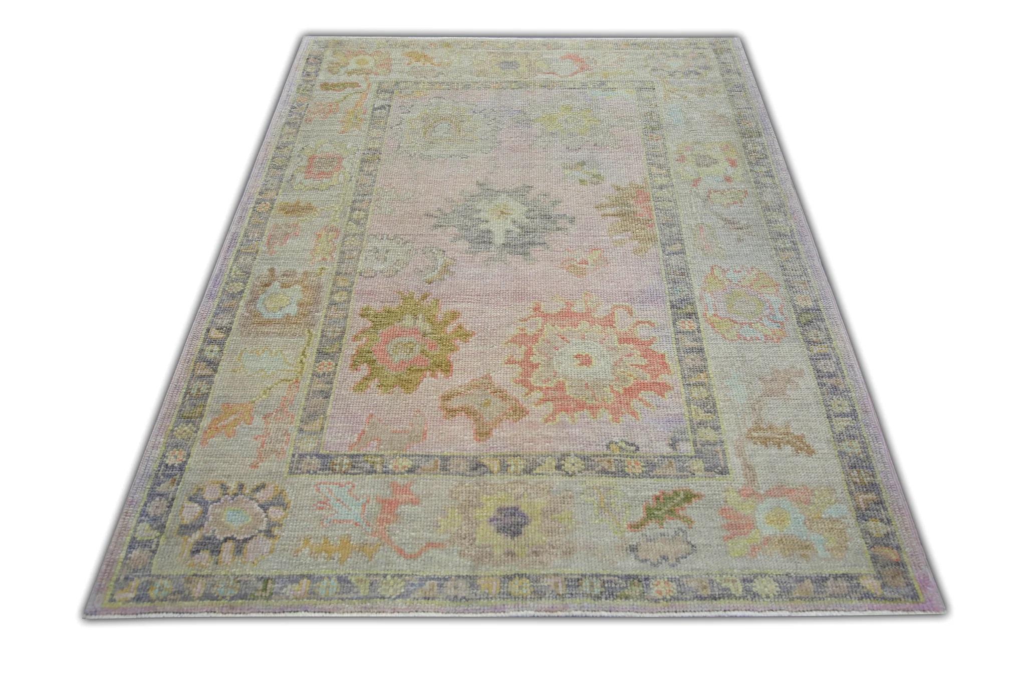 Contemporary Handwoven Wool Turkish Oushak Rug w/ Colorful Pastel Floral Design 4'1