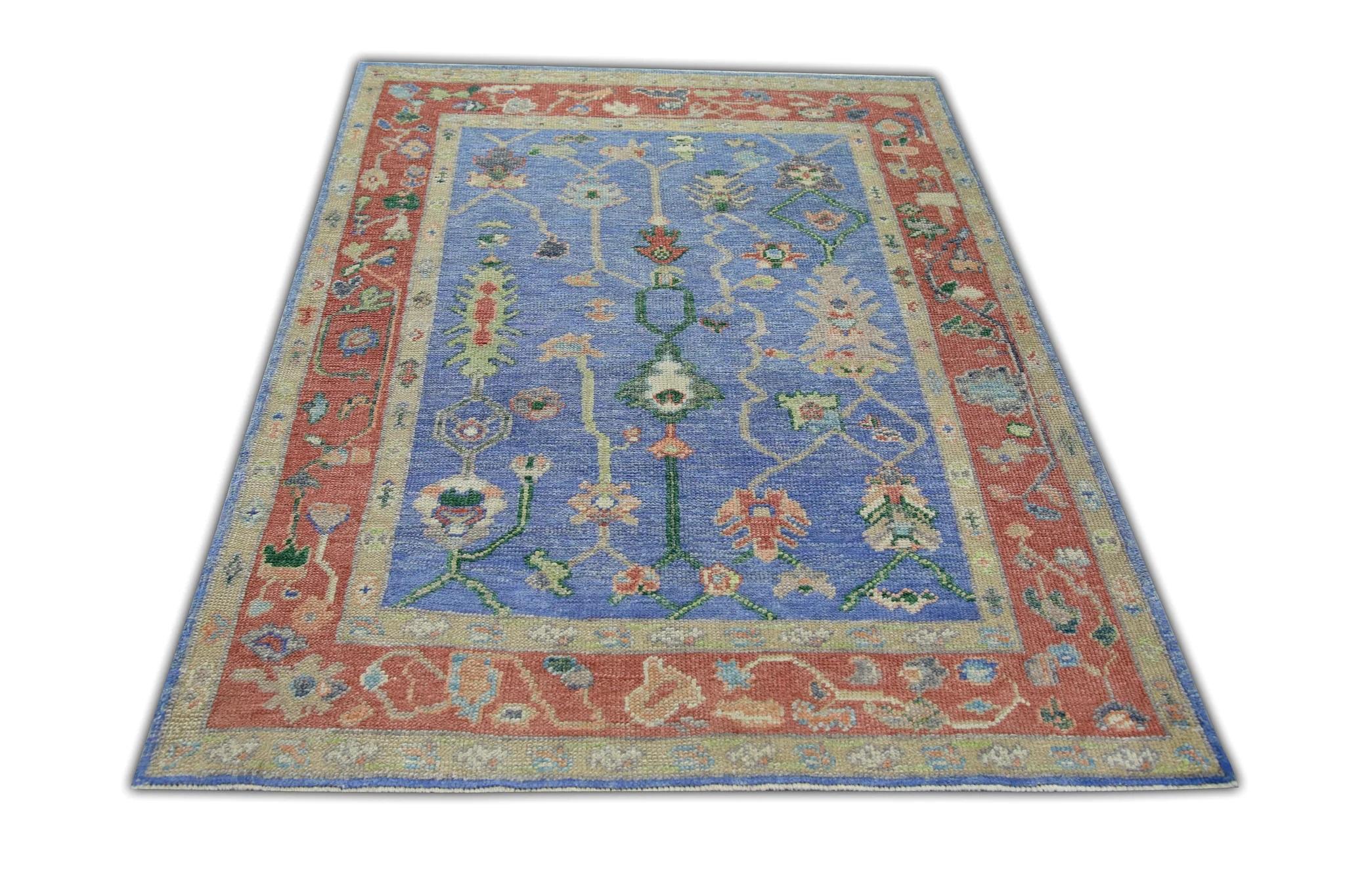 Contemporary Blue & Red Floral Pattern Handwoven Wool Turkish Oushak Rug 4'2