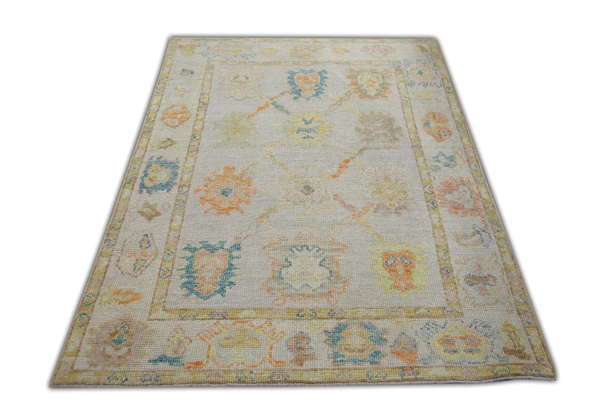 Contemporary Handwoven Wool Turkish Oushak Rug w/ Colorful Pastel Floral Design 3'11