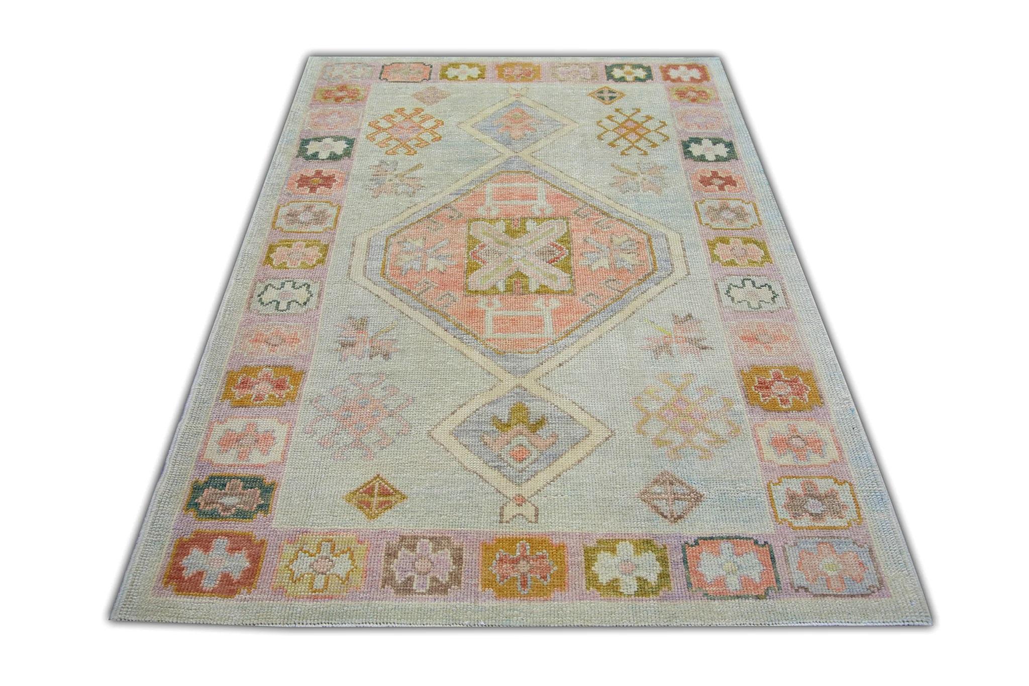 Contemporary Baby Blue Geometric Diamond Design Handwoven Wool Turkish Oushak Rug 4'3