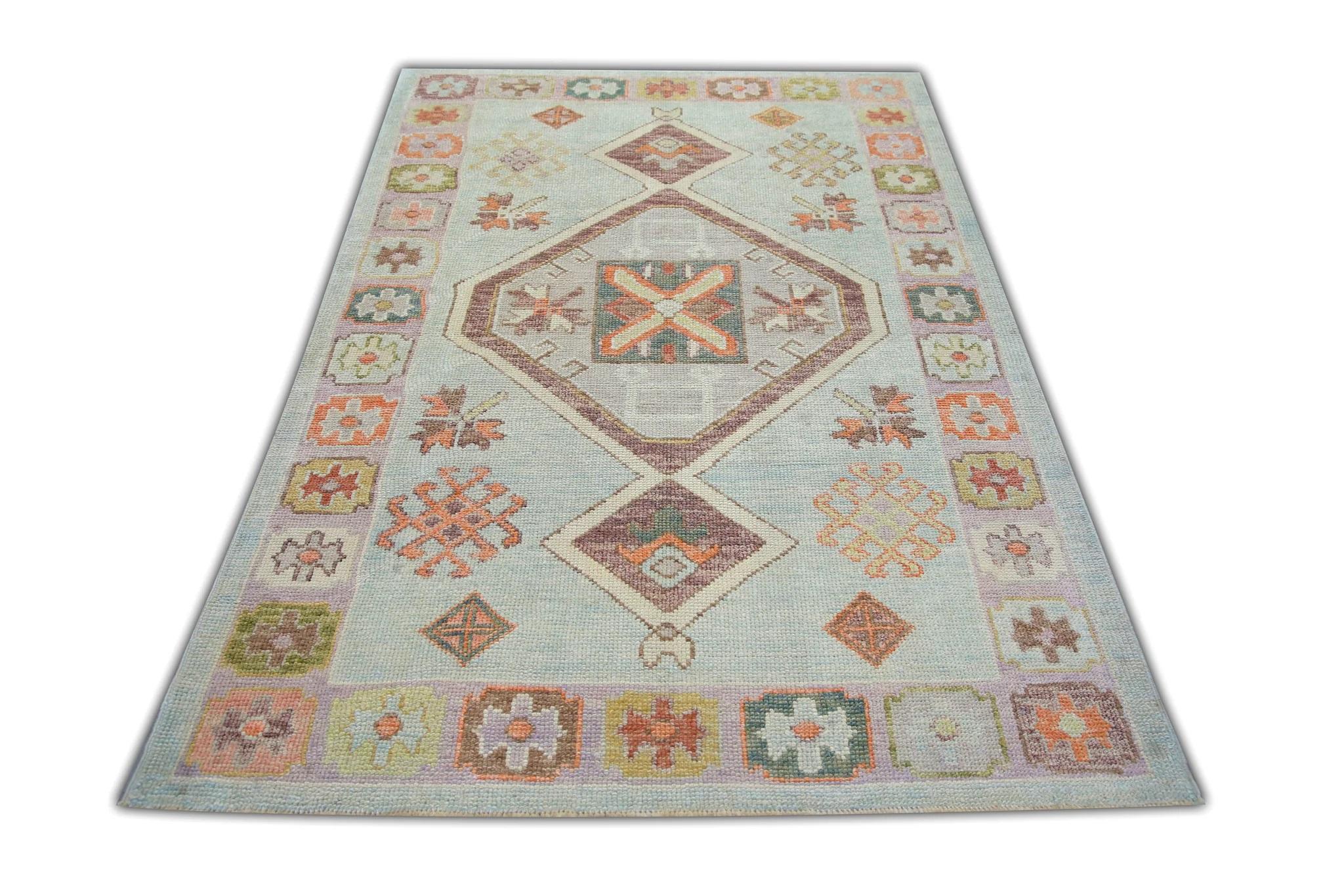 Contemporary Baby Blue Handwoven Wool Turkish Oushak Rug w/ Colorful Diamond Pattern 4'2x6'4 For Sale