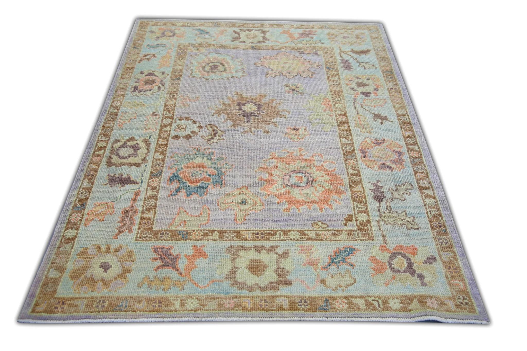 Contemporary Pastel Purple Colorful Floral Design Handwoven Wool Turkish Oushak Rug 4'1