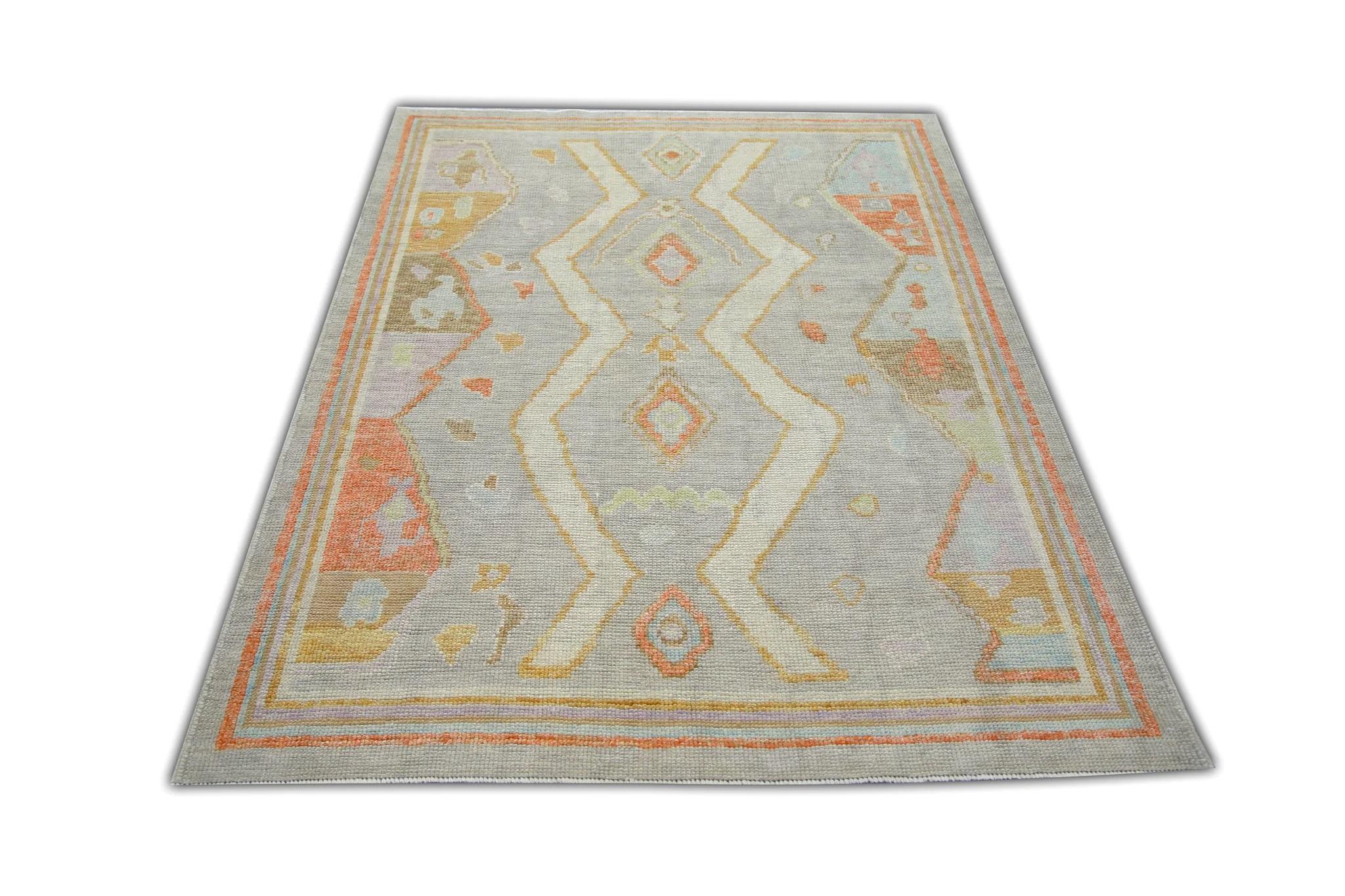 Contemporary Handwoven Wool Turkish Oushak Rug with Pastel Blue Geometric Design 4'1