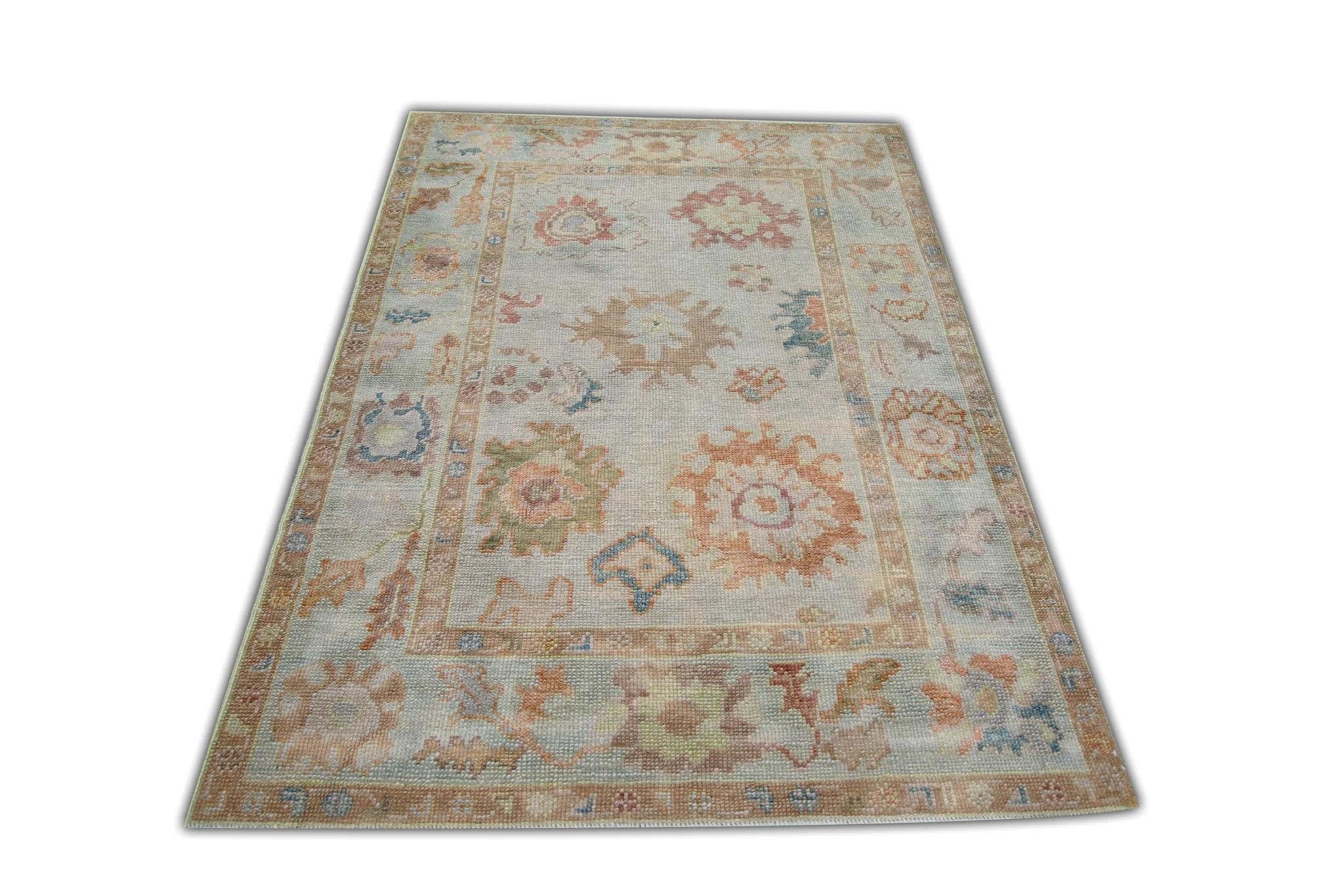 Contemporary Multicolor Floral Design Handwoven Wool Turkish Oushak Rug 3'11
