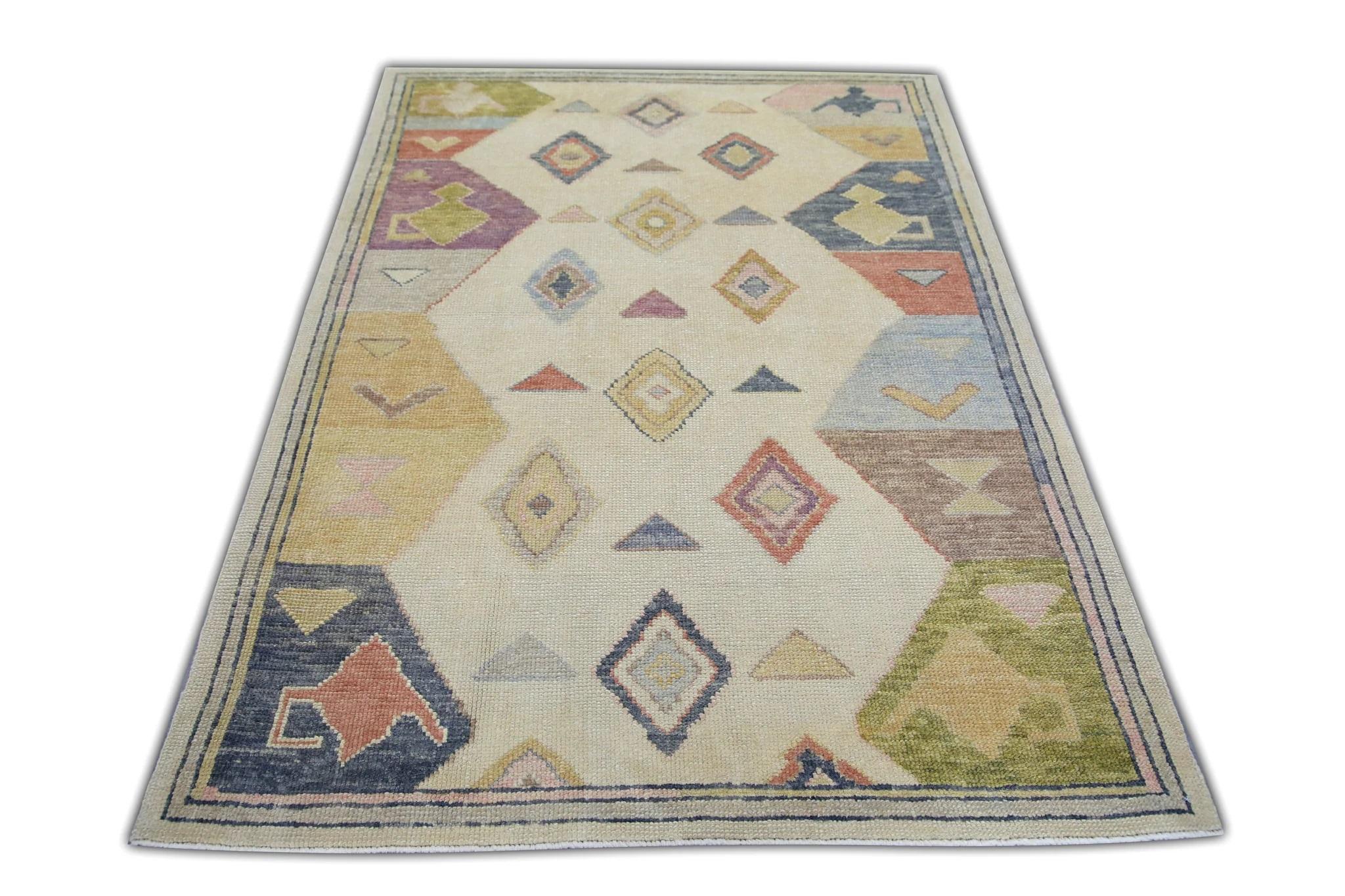 Contemporary Multicolor Geometric Pattern Handwoven Wool Turkish Oushak Rug 4'2
