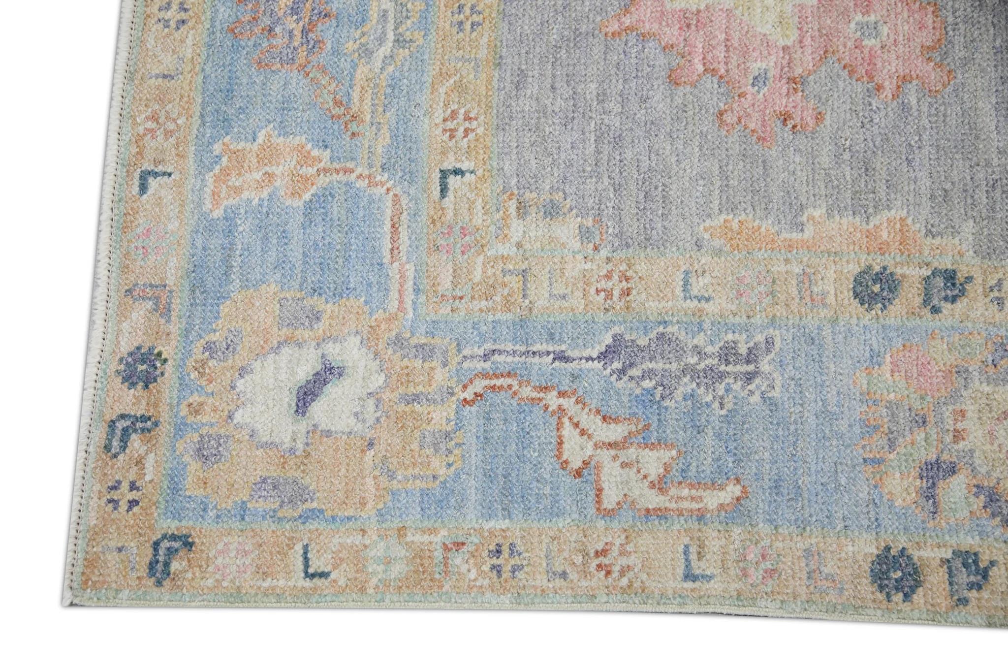 Contemporary Blue Handwoven Wool Turkish Oushak Rug with Floral Design 5' x 6'11