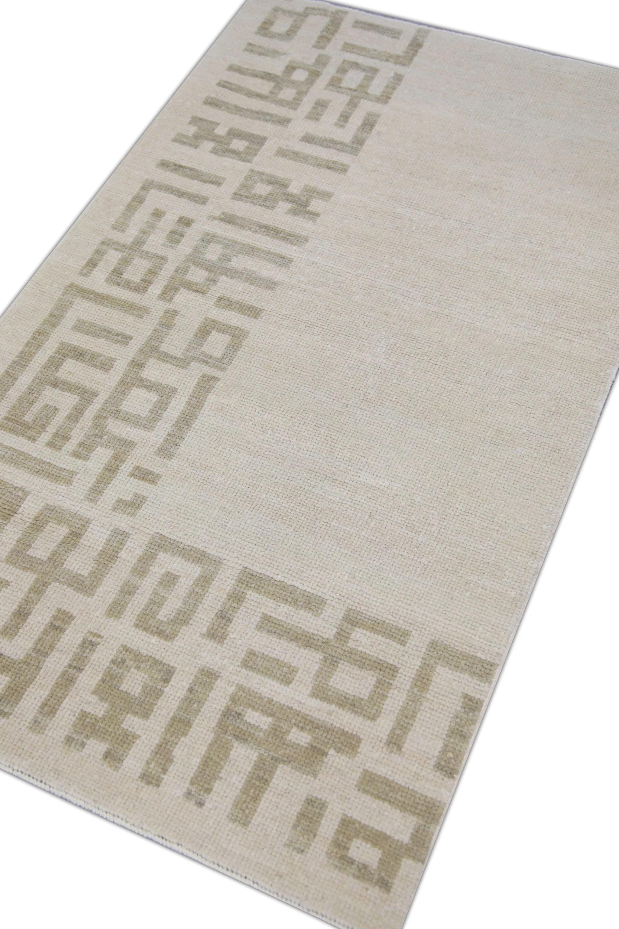Tapis turc Oushak en laine tissé à la main à motifs géométriques en sable - 3'1