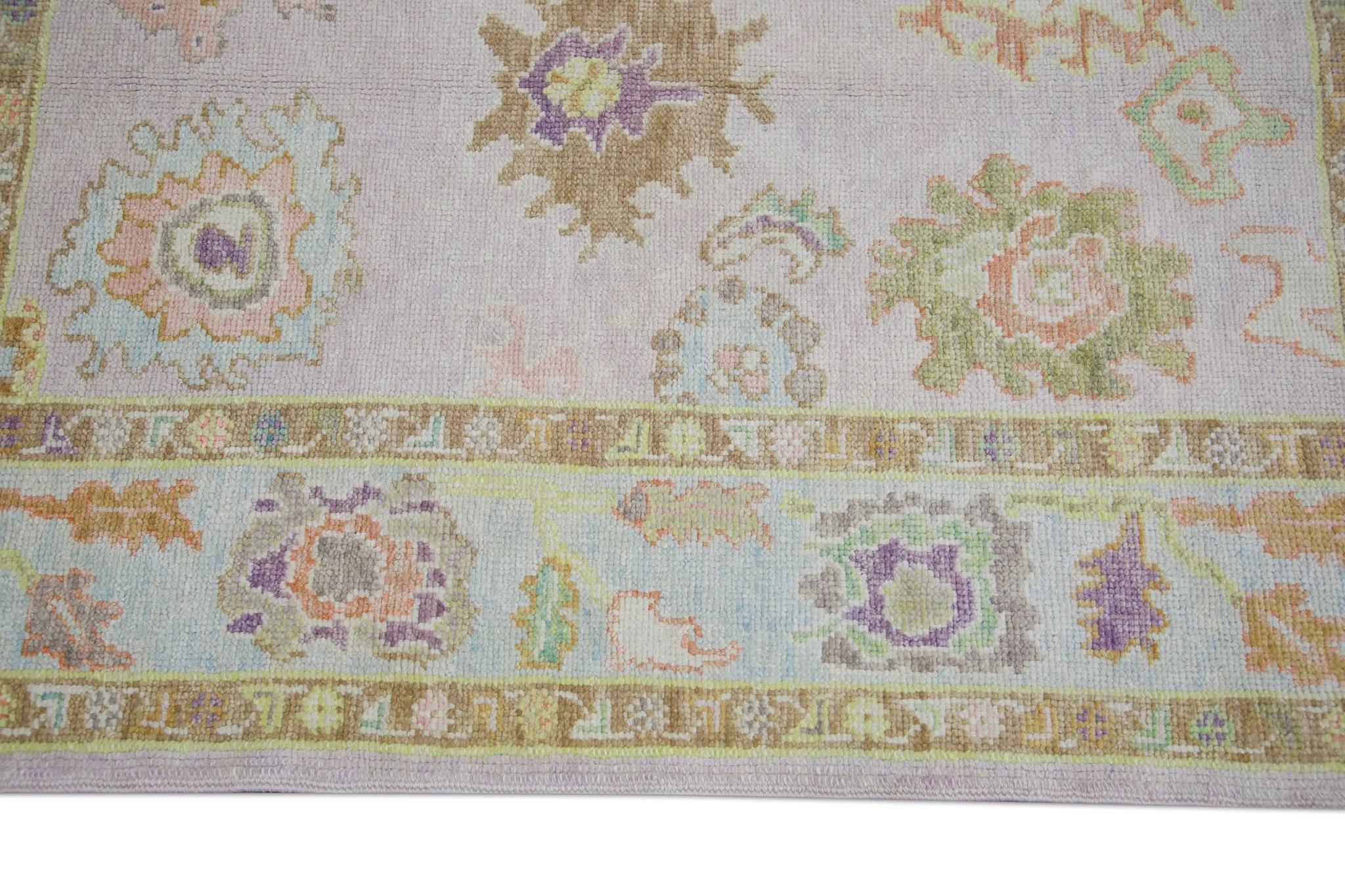 Contemporary Handwoven Wool Turkish Oushak Rug Lilac Field Multicolor Floral Design 4'2 x 5'7 For Sale