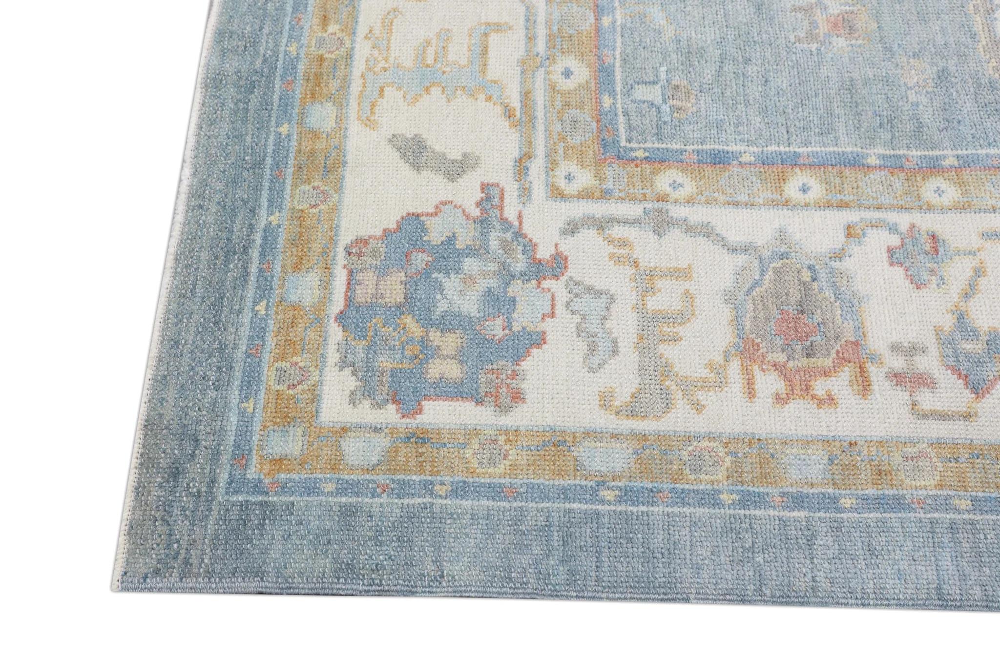 Contemporary Blue Floral Design Turkish Oushak Rug Made with Handwoven Wool 9'4