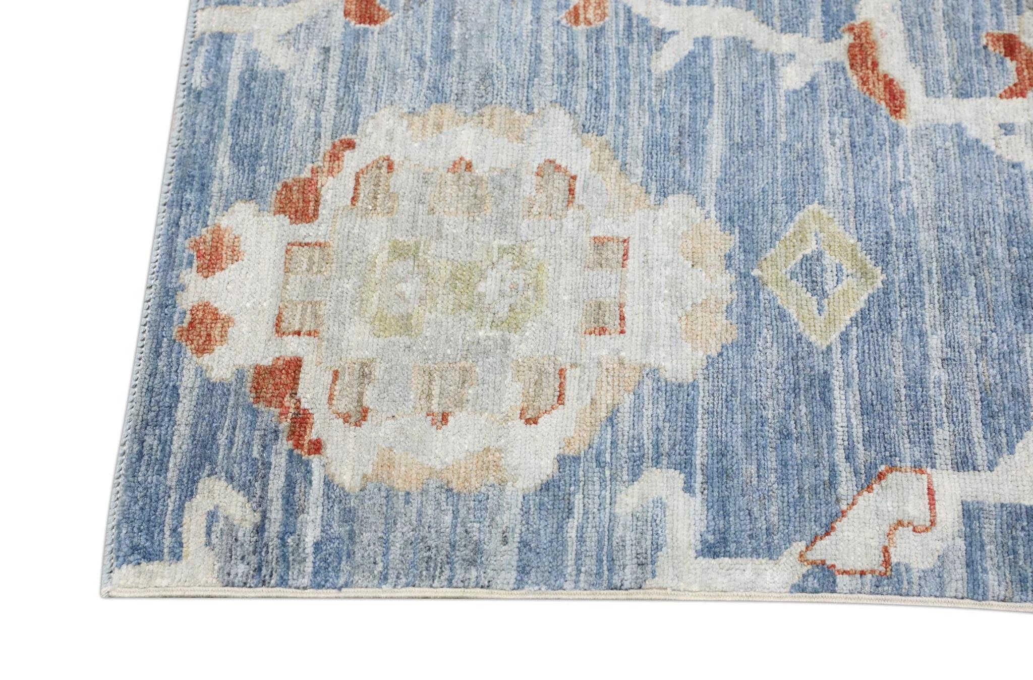 Contemporary Blue Handwoven Wool Turkish Oushak Rug with Red Floral Design 8' x 6'7