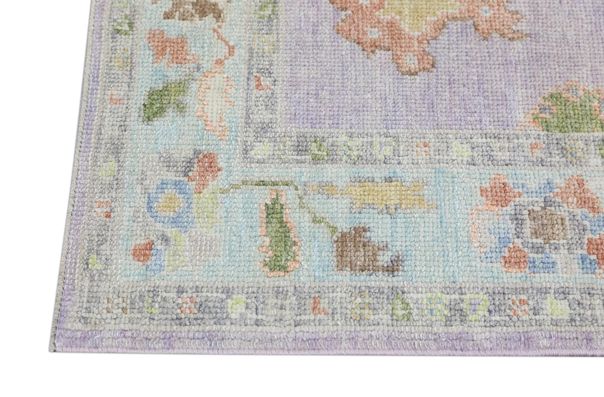 Contemporary Handwoven Wool Turkish Oushak Rug with Lilac Floral Design 3'1