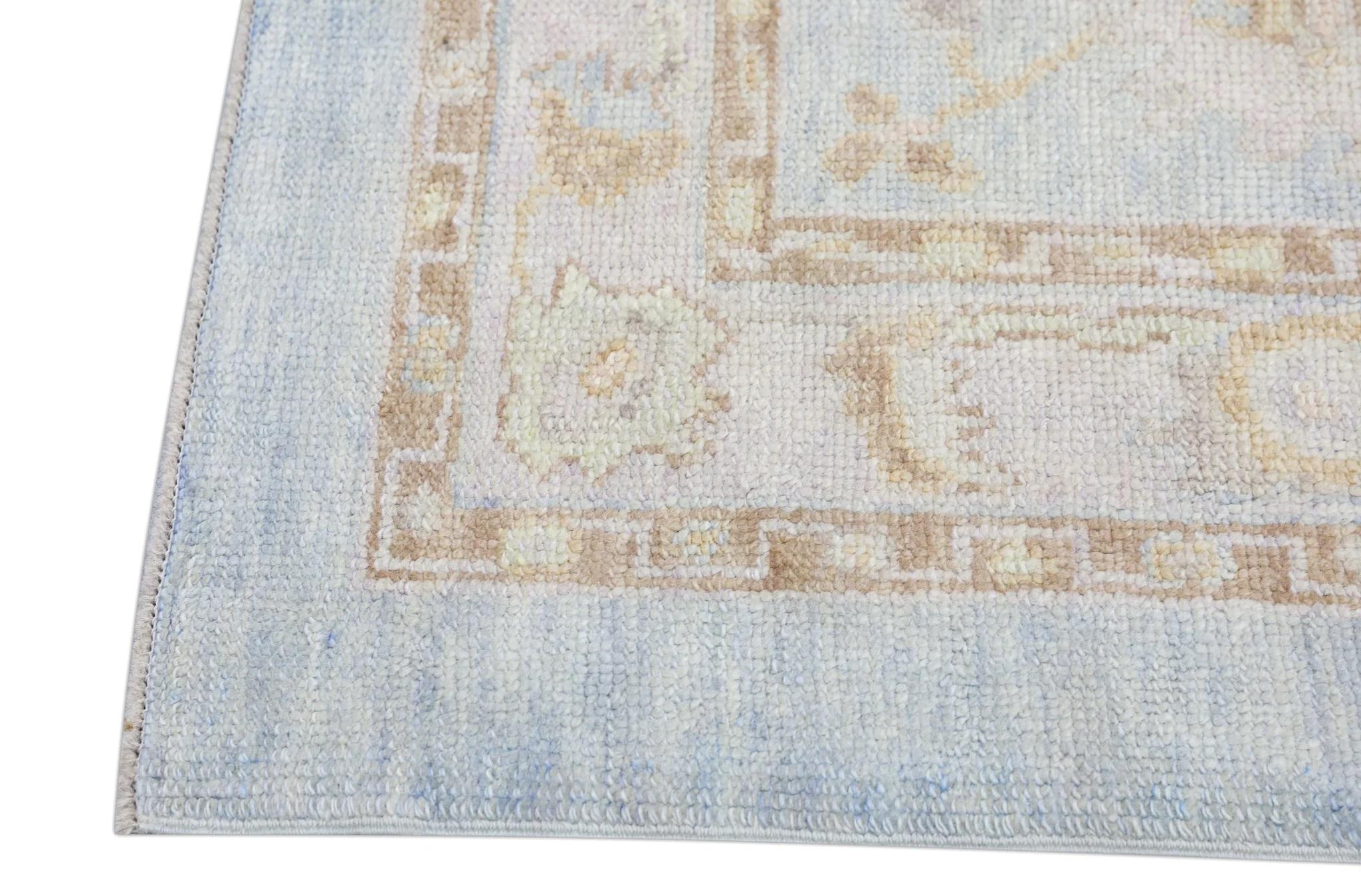 Contemporary Soft Blue Floral Design Handwoven Wool Turkish Oushak Rug 3'1