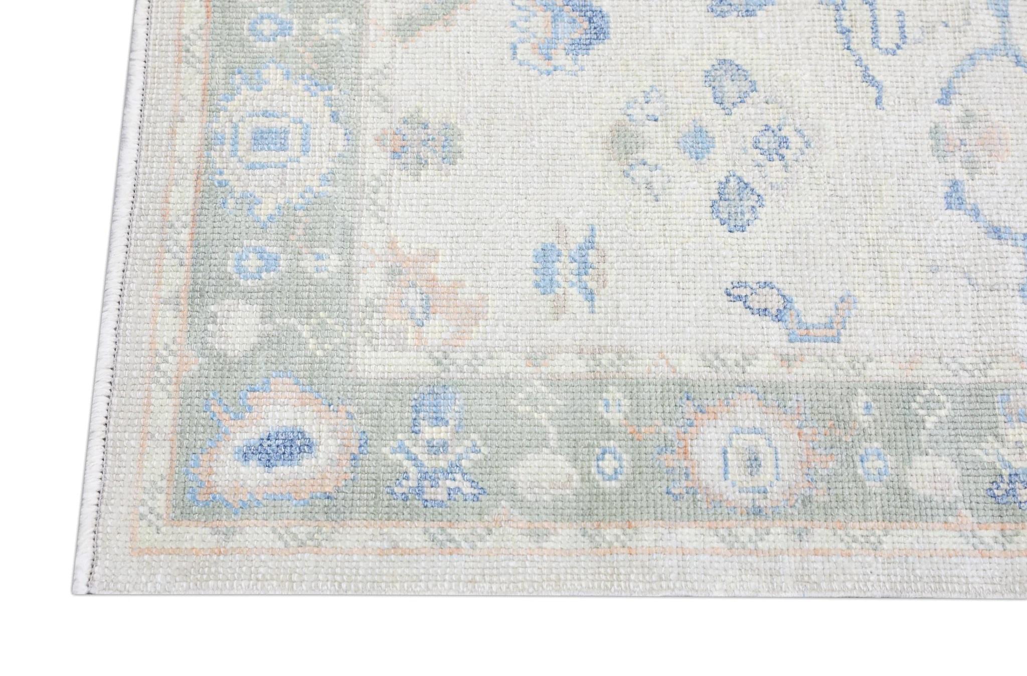Contemporary Floral Handwoven Wool Turkish Oushak Rug with Soft Green Border 2'5
