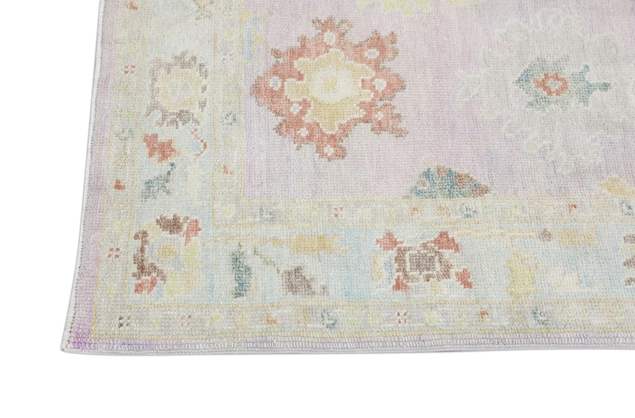 Contemporary Floral Handwoven Wool Turkish Oushak Rug with Soft Lavender Design 3'2