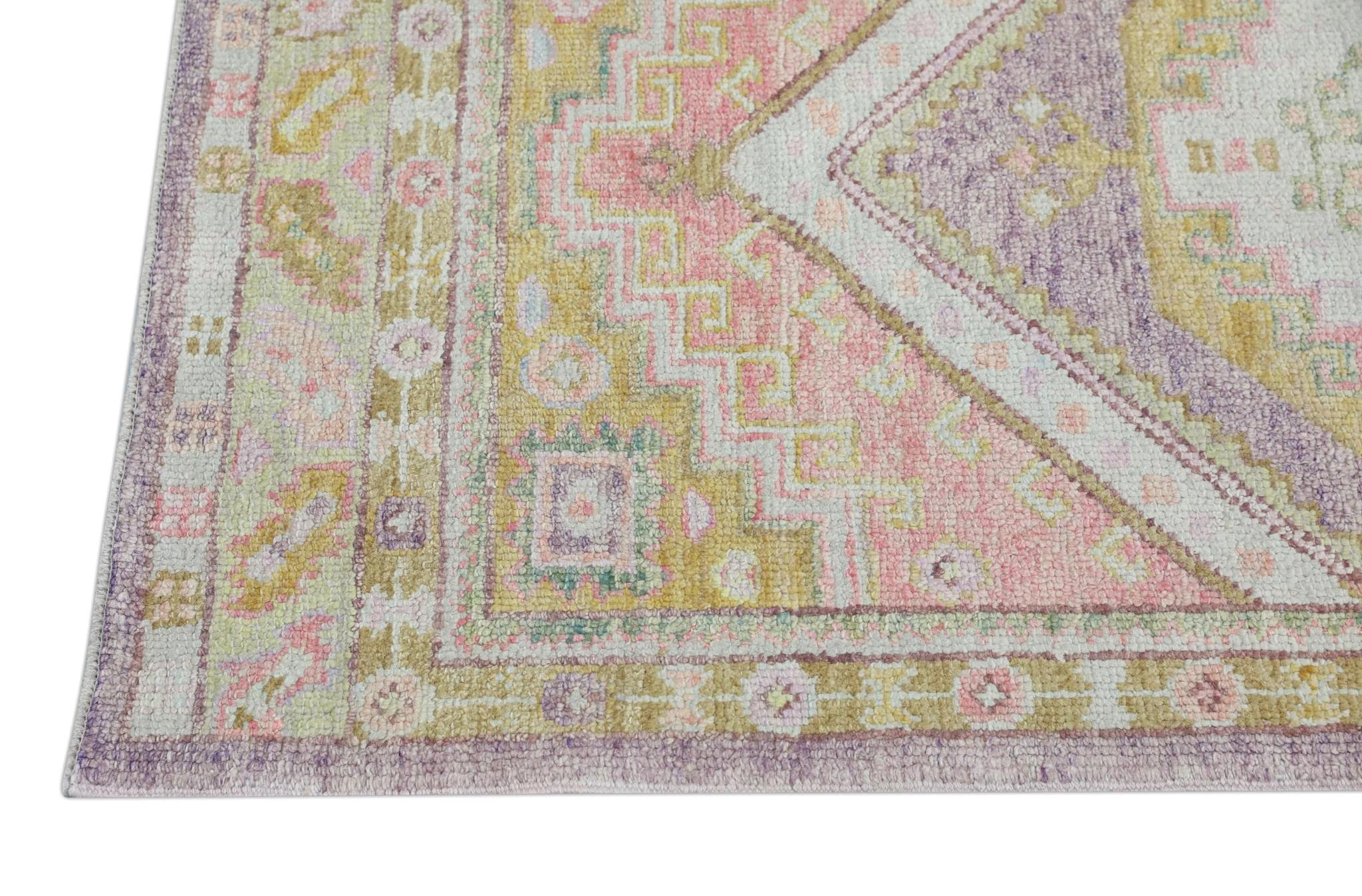 Tappeto Oushak turco multicolore in lana intrecciata a mano con disegno a medaglione 3' x 10'3