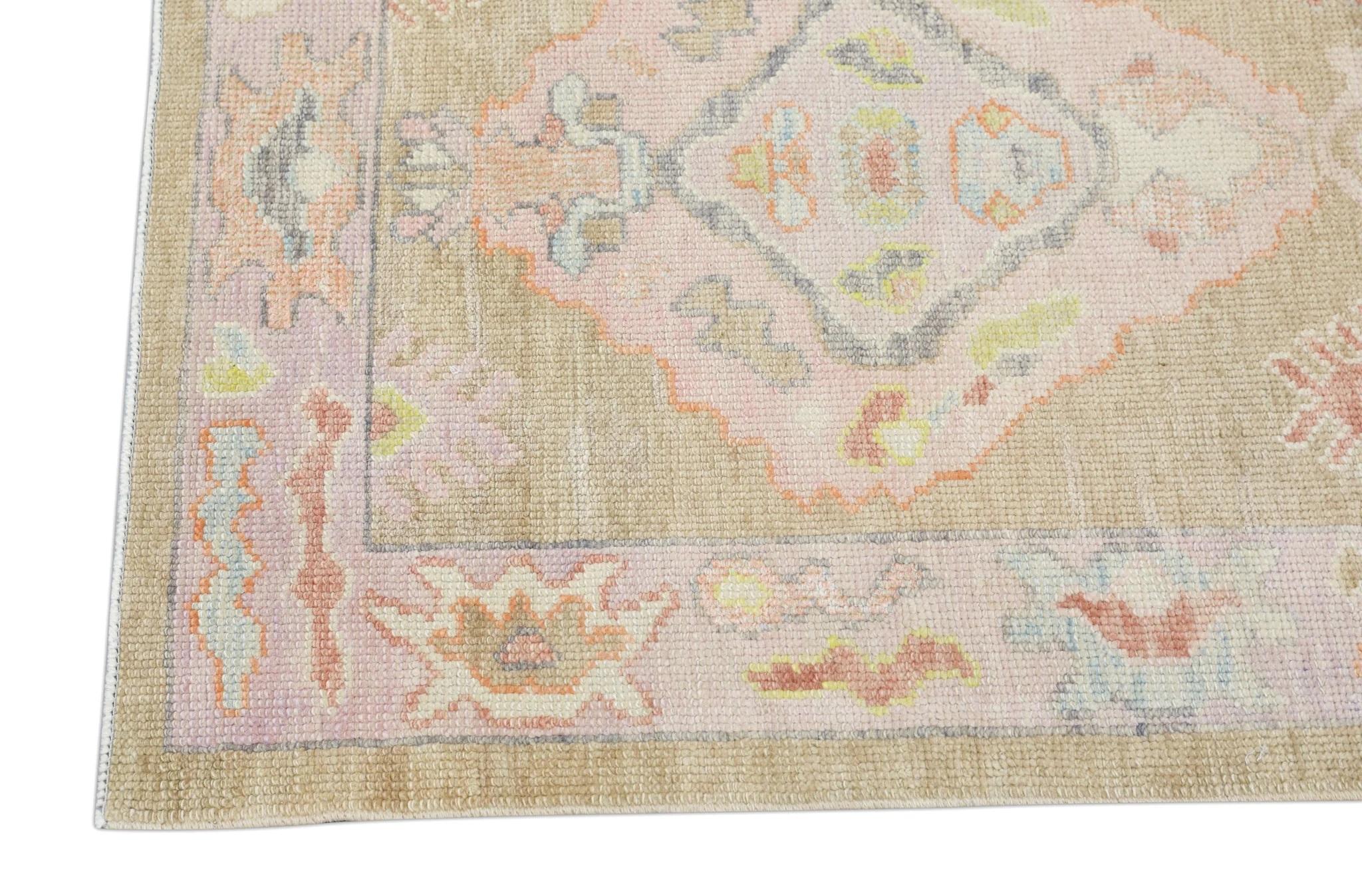 Contemporary Colorful Handwoven Wool Turkish Oushak Rug with Pink Floral Design 3' x 9'6
