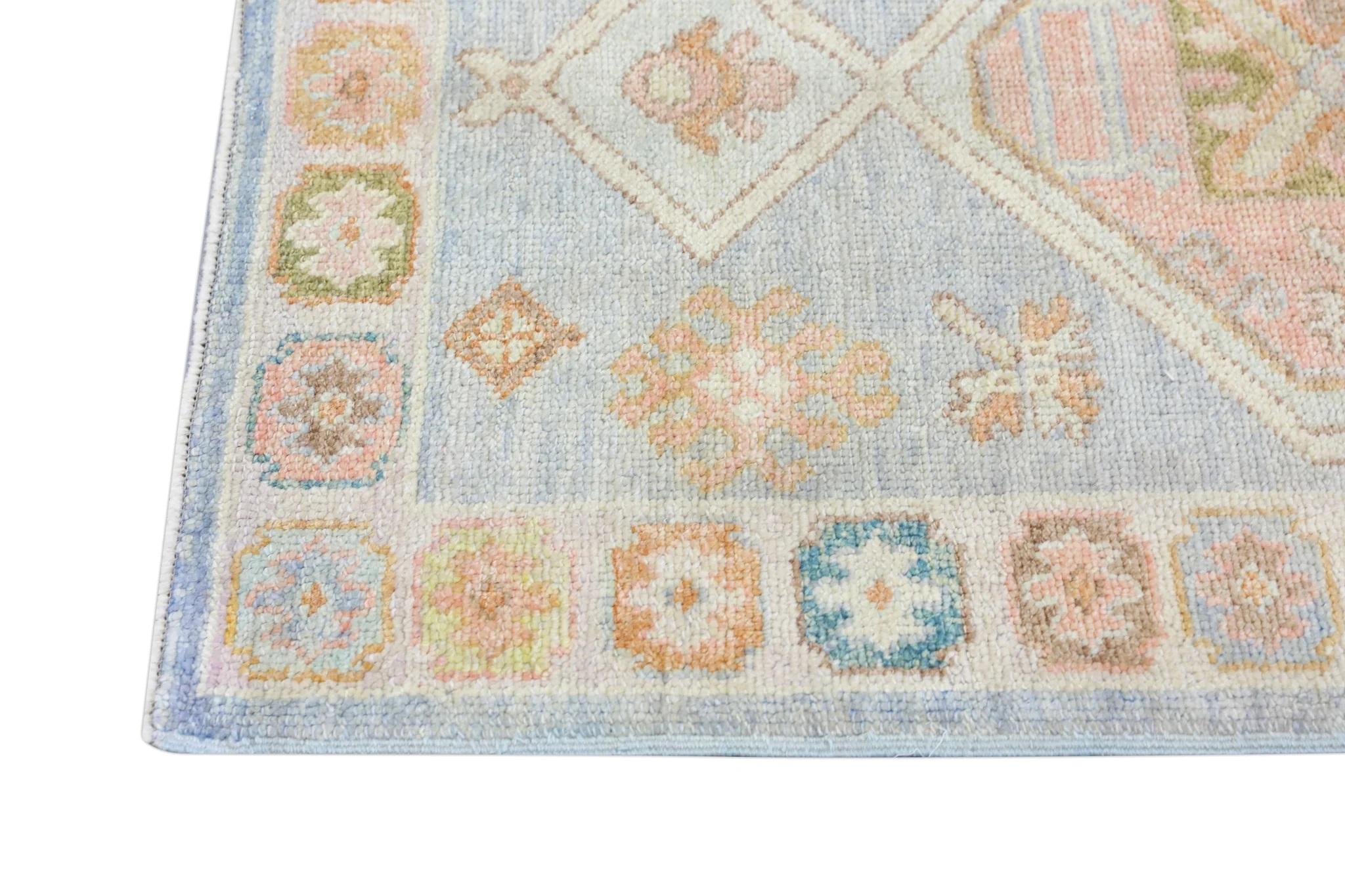 Contemporary Handwoven Wool Turkish Oushak Rug with Blue Medallion/Crest Design 3'3