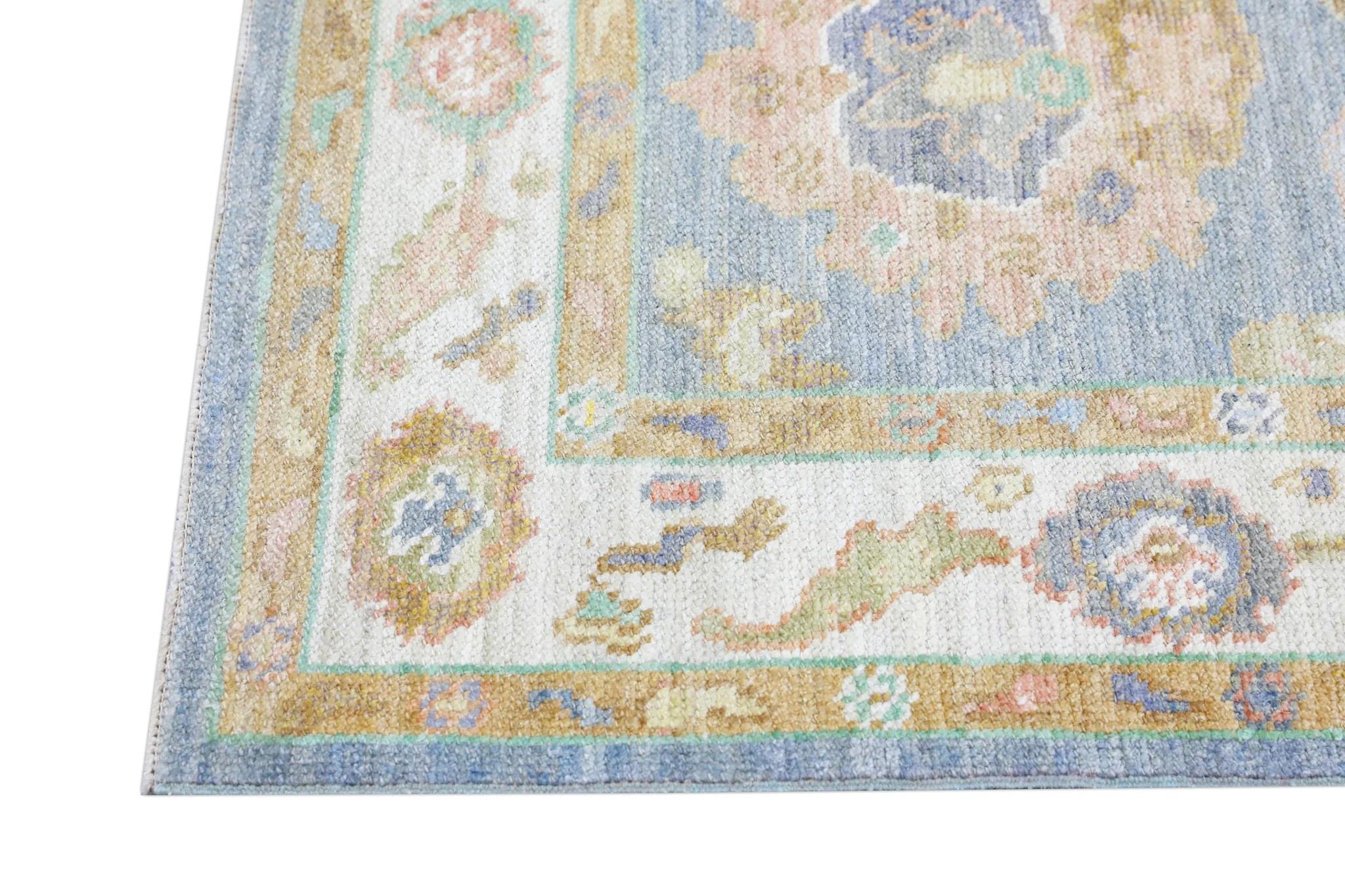 Contemporary Floral Handwoven Wool Turkish Oushak Rug with Blue Field Yellow Border 2'11 X 5' For Sale