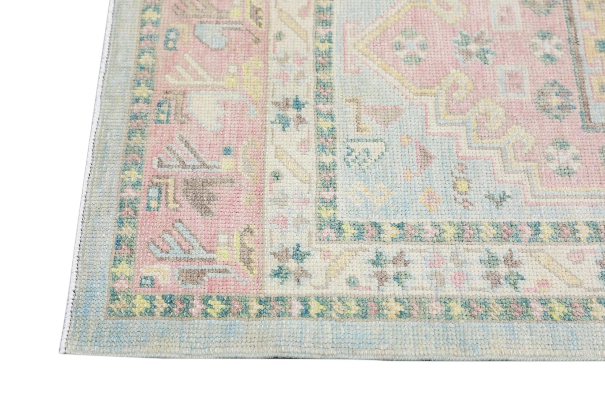 Contemporary Green/Pink Handwoven Wool Floral Turkish Oushak Rug 3' x 4'6