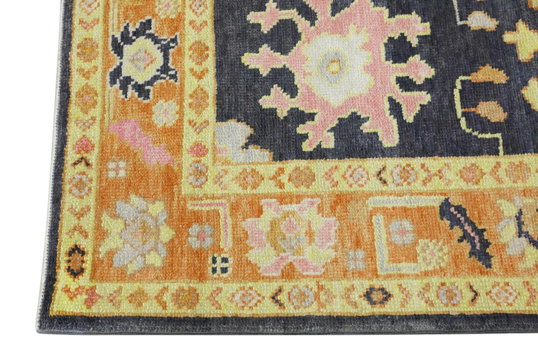 Contemporary Handwoven Turkish Oushak Rug with Orange and Pink Floral Design 3'1