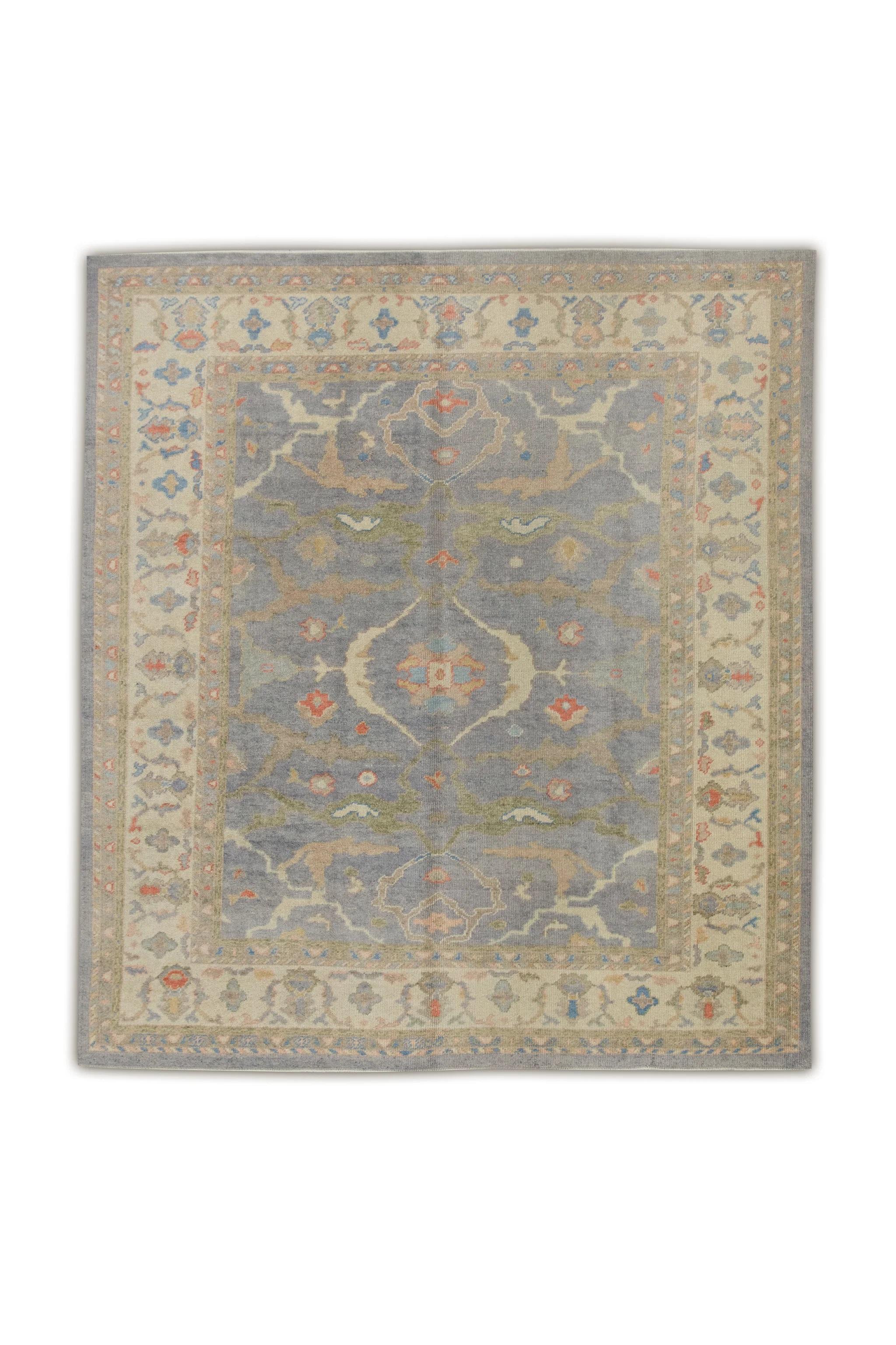 Contemporary Blue Handwoven Wool Turkish Oushak Rug in Multicolor Floral Pattern 8' x 8'11