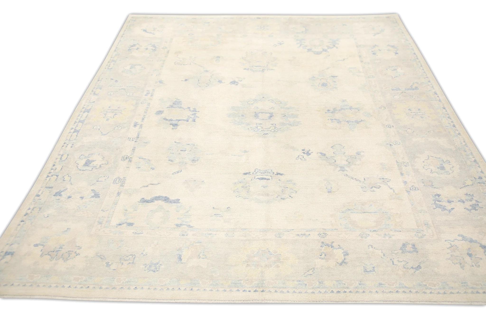Contemporary Cream Handwoven Wool Turkish Oushak Rug in Blue & Pink Floral Design 8' x 9'8