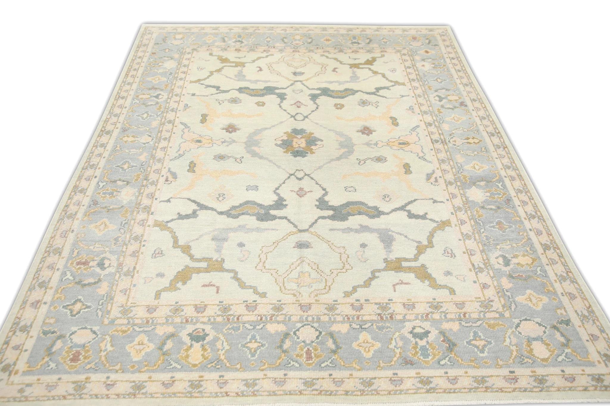 Contemporary Pink & Blue Floral Handwoven Wool Turkish Oushak Rug 6'10