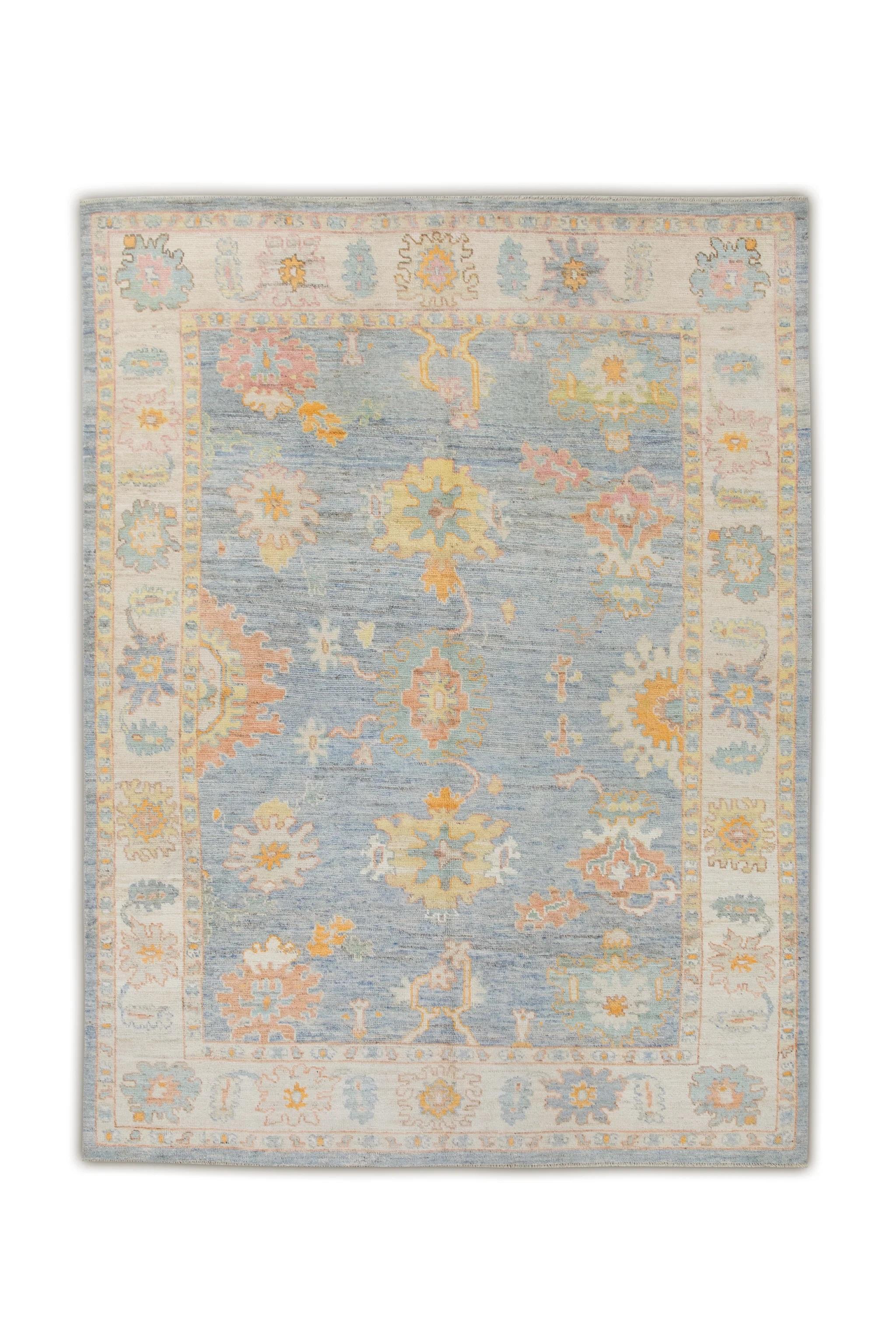 Contemporary Blue Colorful Floral Handwoven Wool Turkish Oushak Rug 7'5