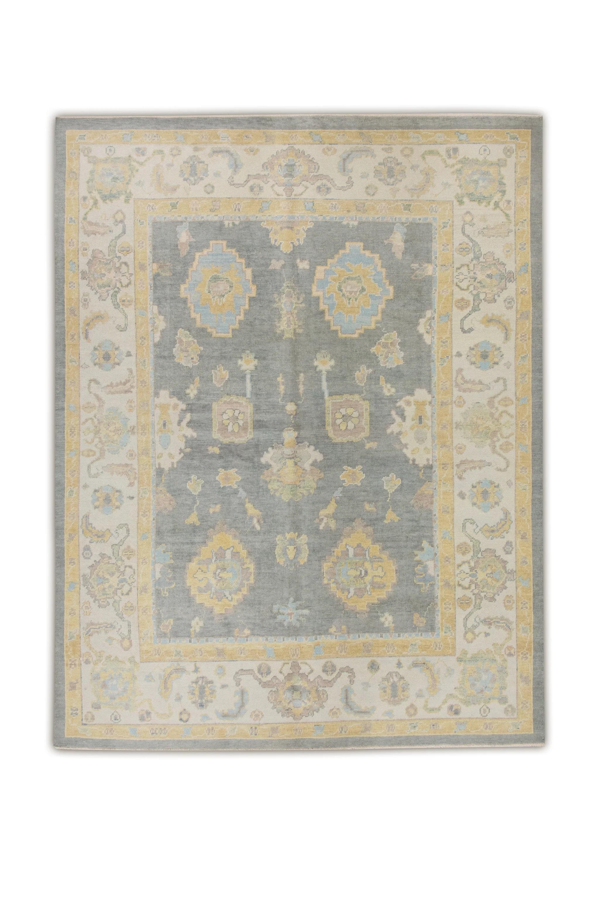 Contemporary Gray & Yellow Handwoven Wool Turkish Oushak Rug in Floral Design 7'11