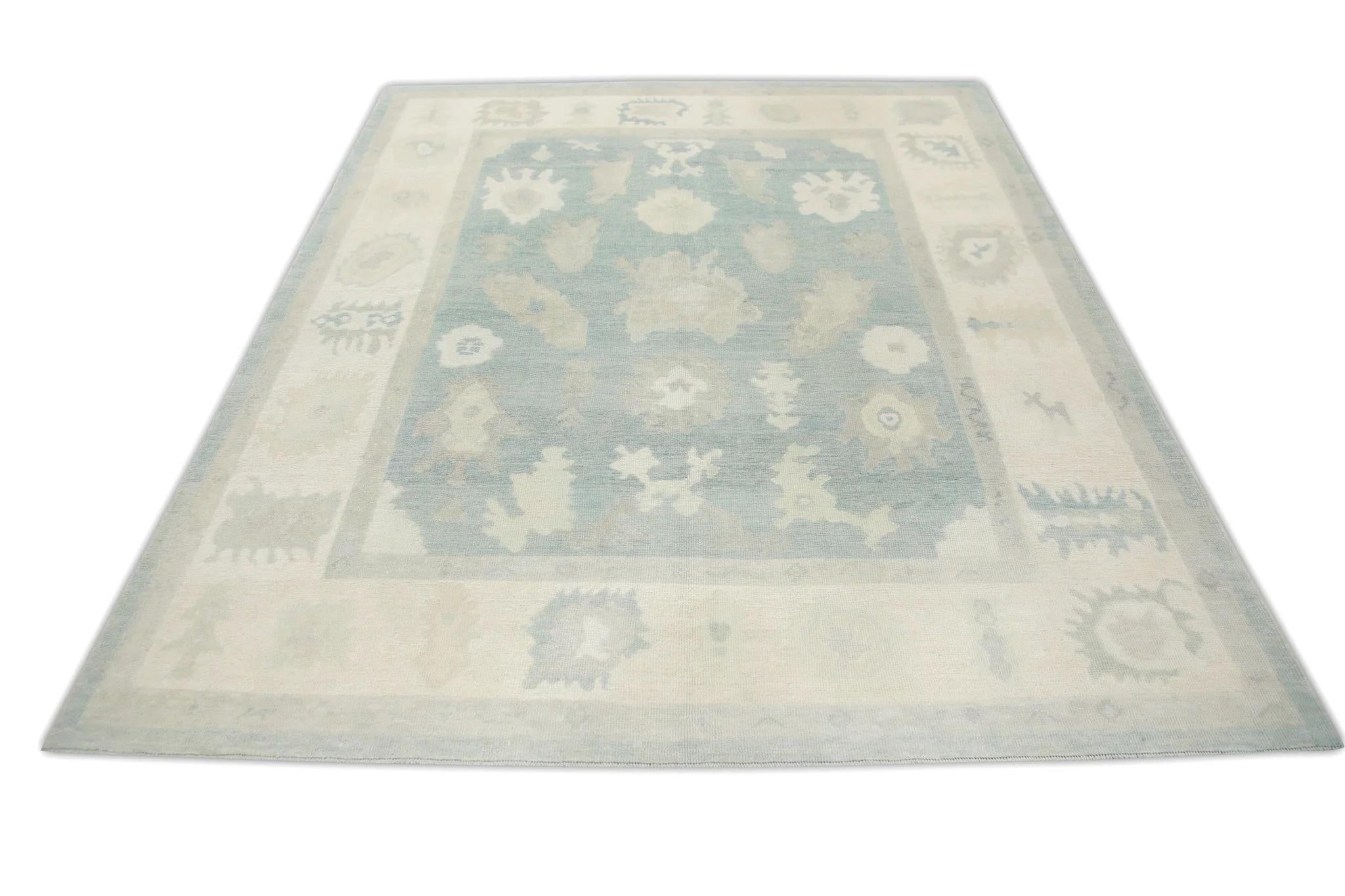 Contemporary Green & Blue Floral Design Handwoven Wool Turkish Oushak Rug 8'2