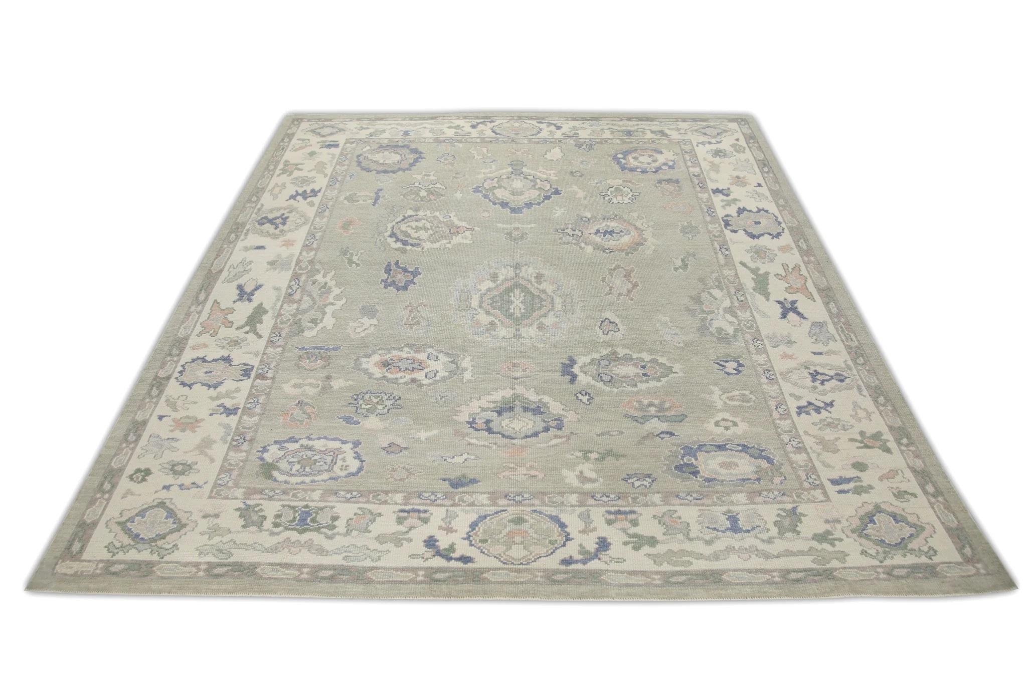 Contemporary Green & Blue Floral Handwoven Wool Turkish Oushak Rug 8' x 9'1