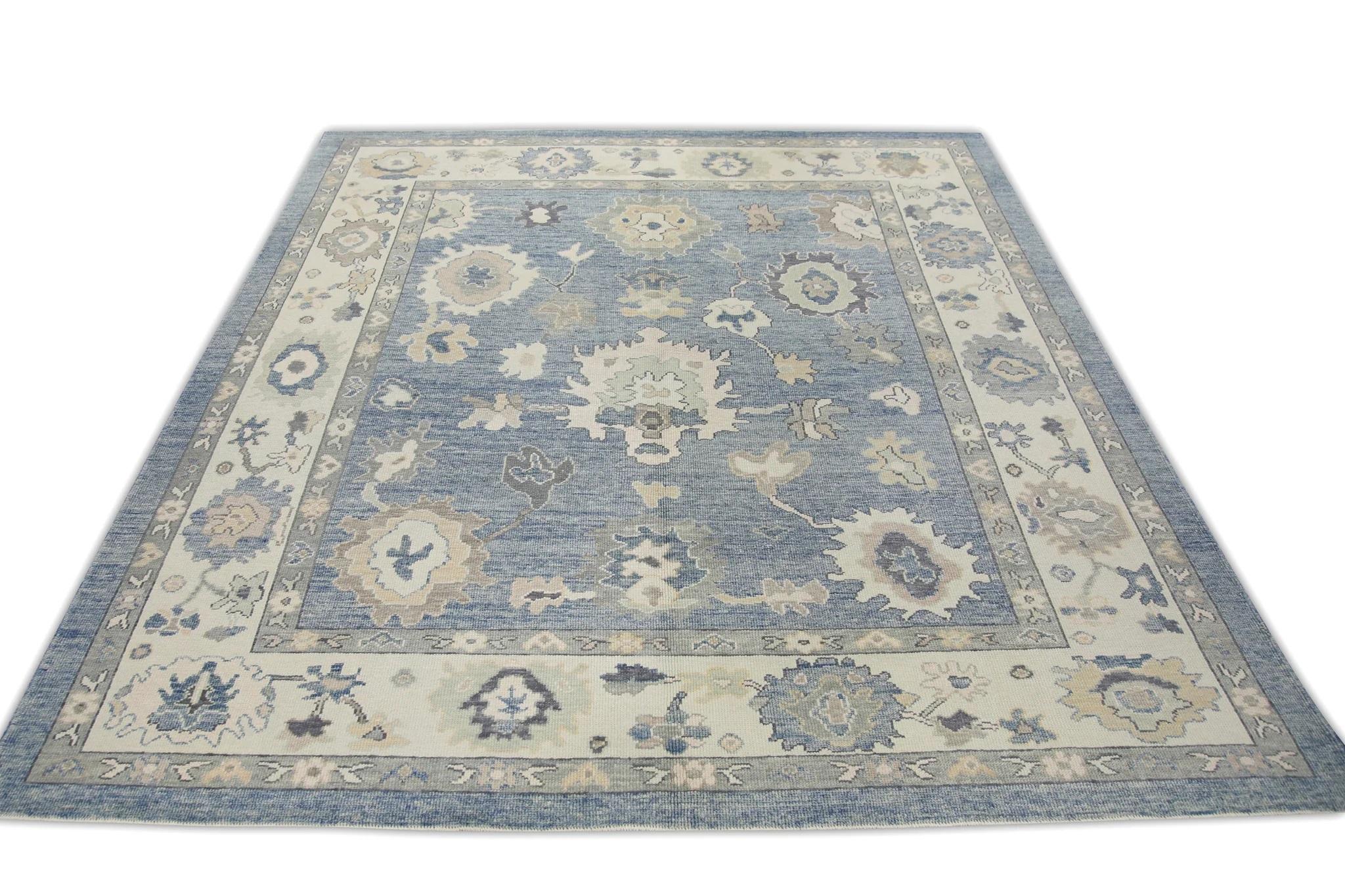 Contemporary Blue Multicolor Floral Design Handwoven Wool Turkish Oushak Rug 8'3