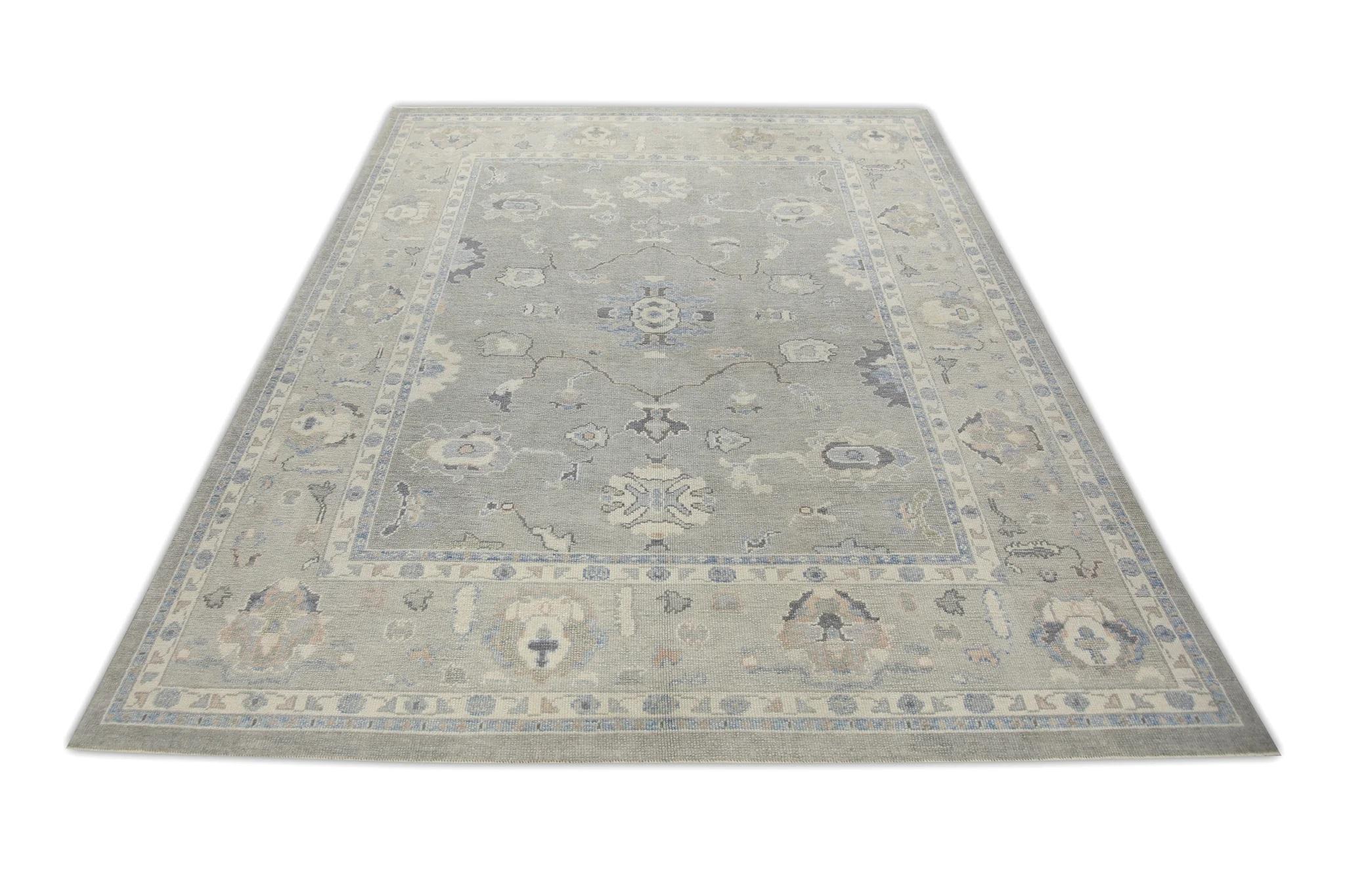 Contemporary Green & Blue Floral Design Handwoven Wool Turkish Oushak Rug 7'9