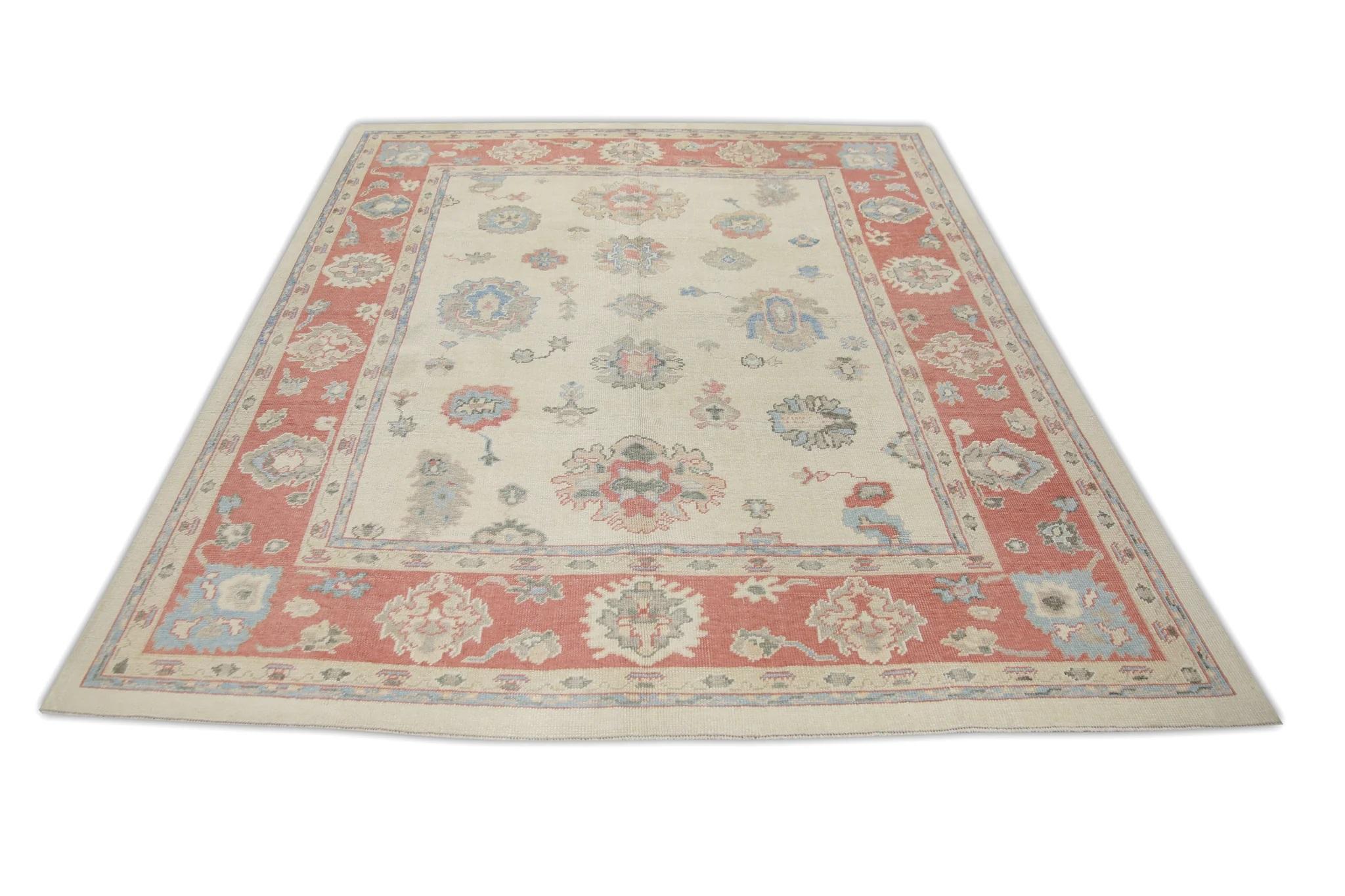 Contemporary Cream Handwoven Wool Turkish Oushak Rug in Red & Blue Floral Design 8'3
