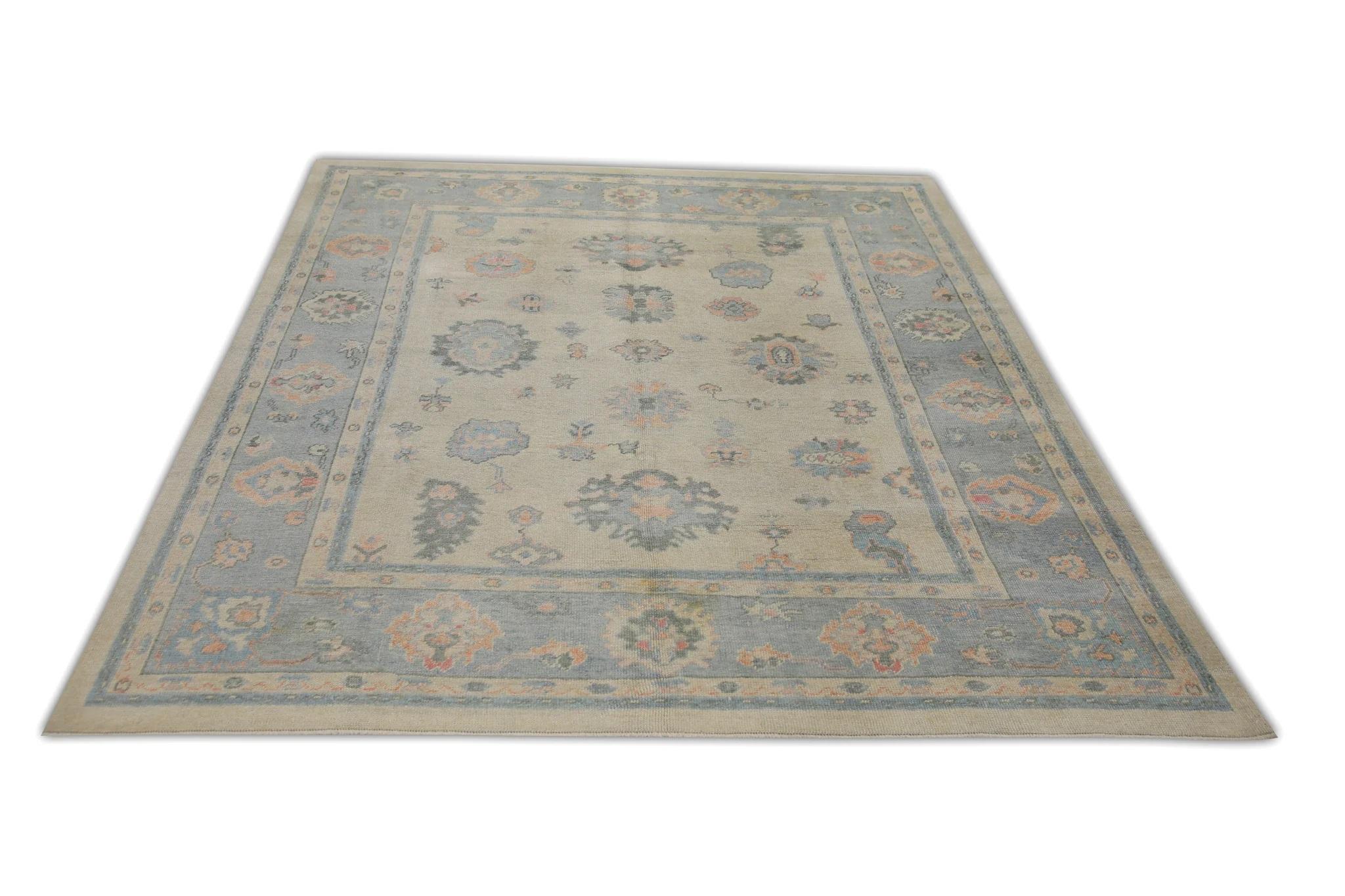 Contemporary Handwoven Wool Turkish Oushak Rug in Blue & Salmon Floral Pattern 8'3