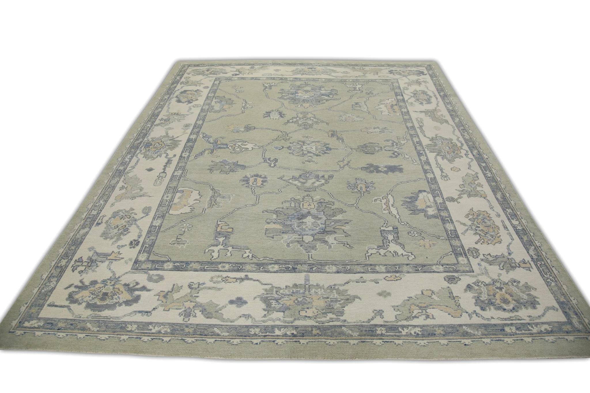 Contemporary Green & Blue Floral Design Handwoven Wool Turkish Oushak Rug 8'2