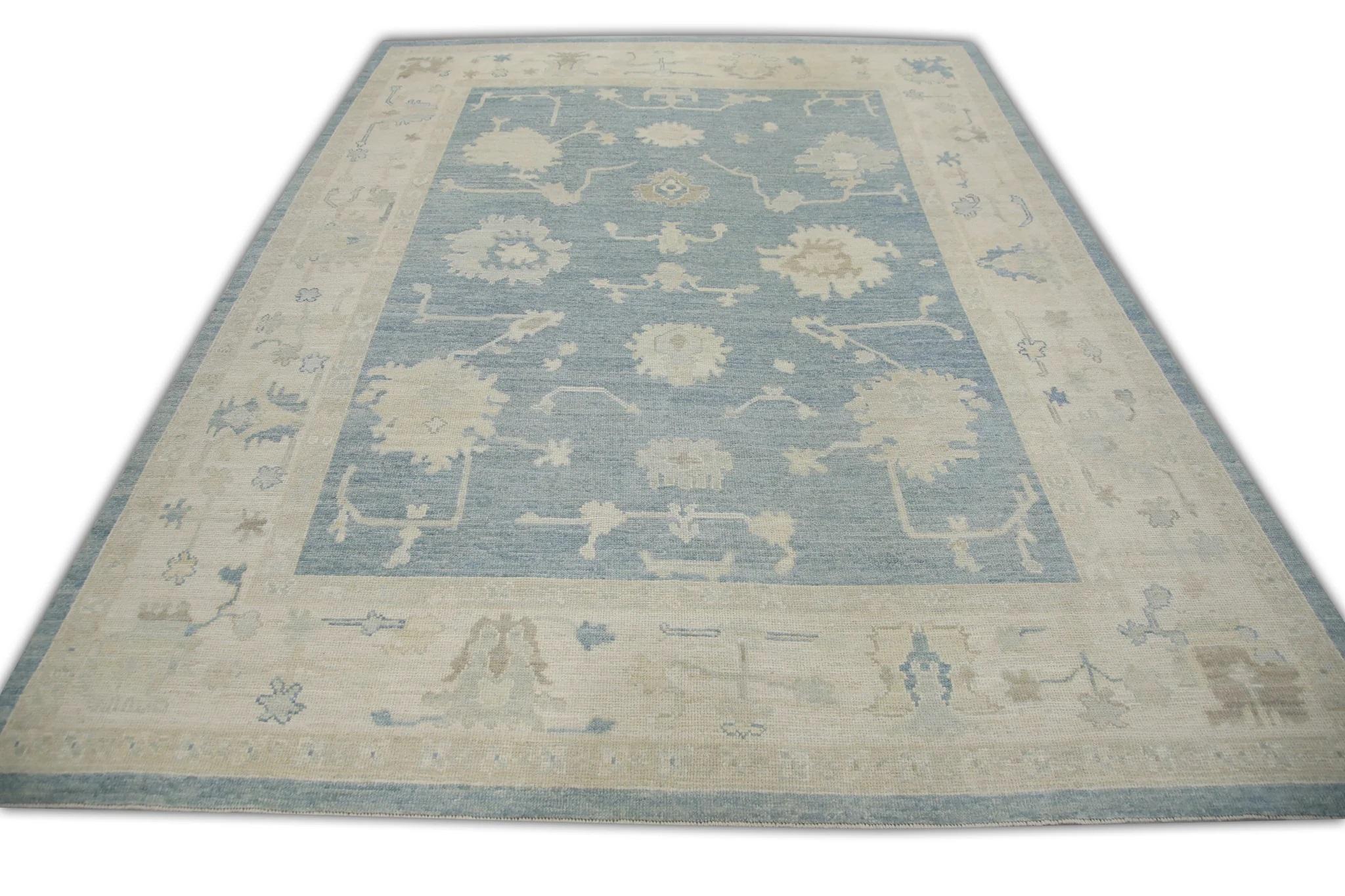 Contemporary Blue Floral Handwoven Wool Turkish Oushak Rug 8'2