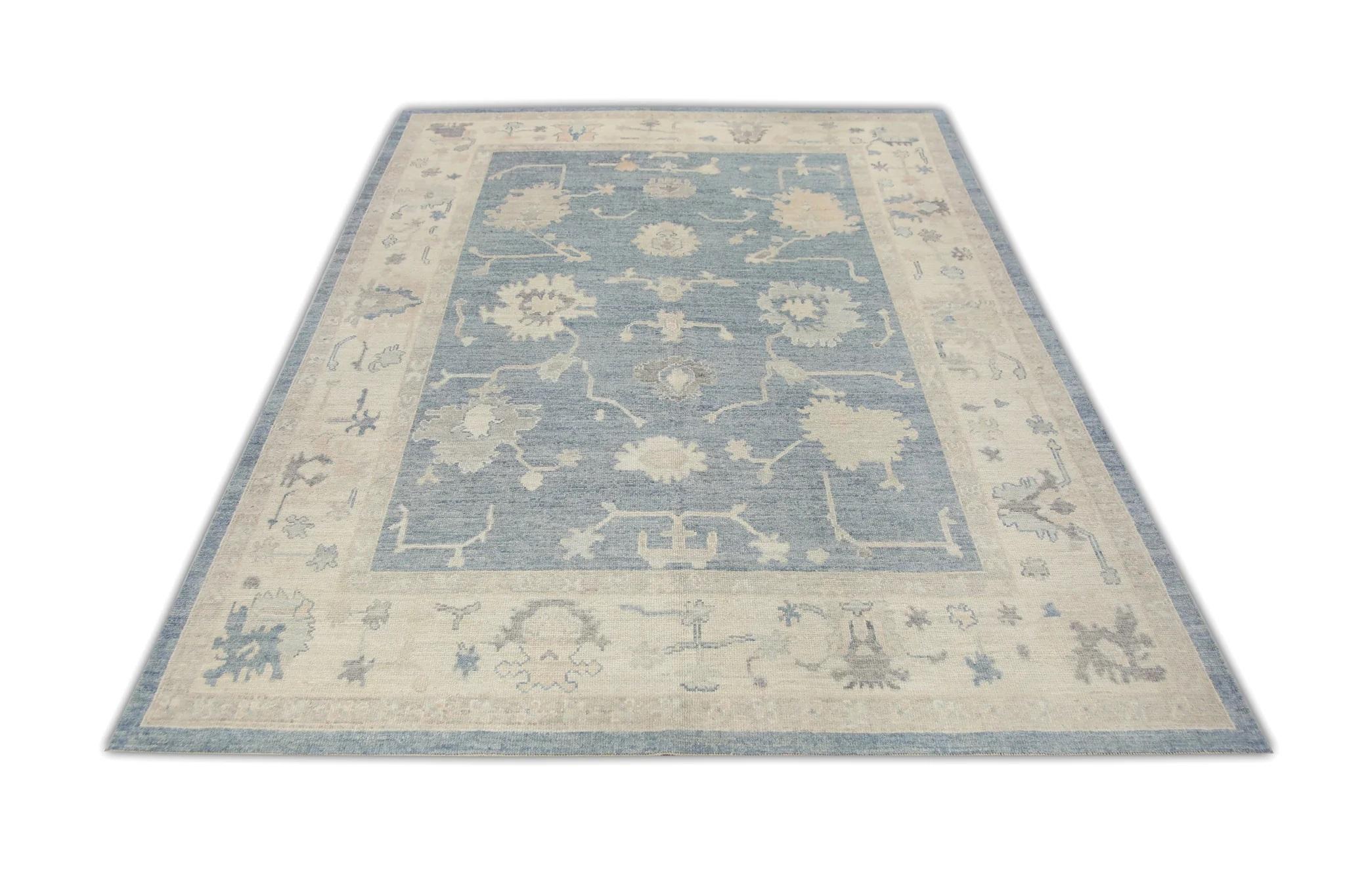 Contemporary Blue Floral Handwoven Wool Turkish Oushak Rug 8'1