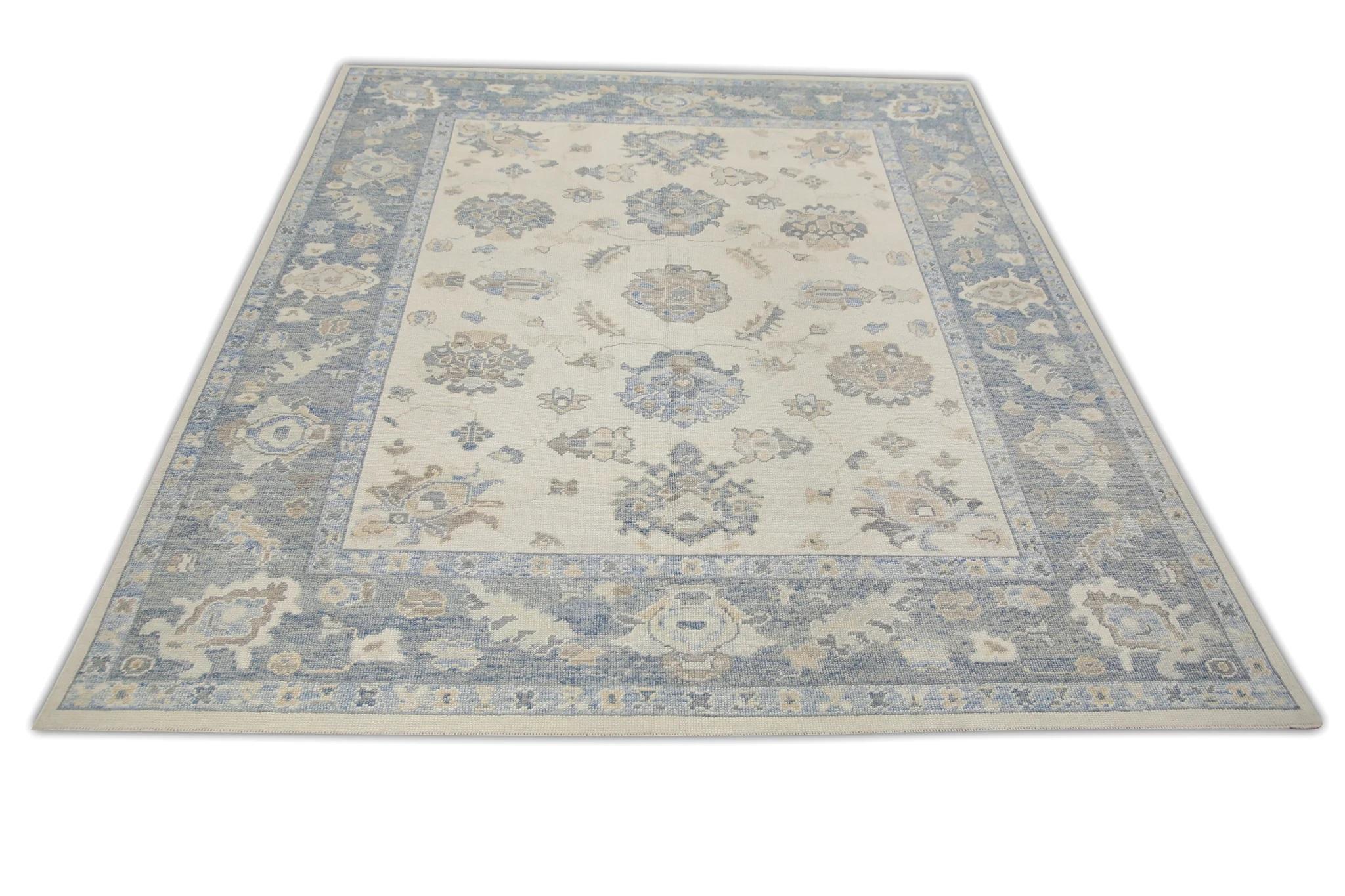 Contemporary Cream & Blue Handwoven Wool Turkish Oushak Rug in Floral Design 8'5
