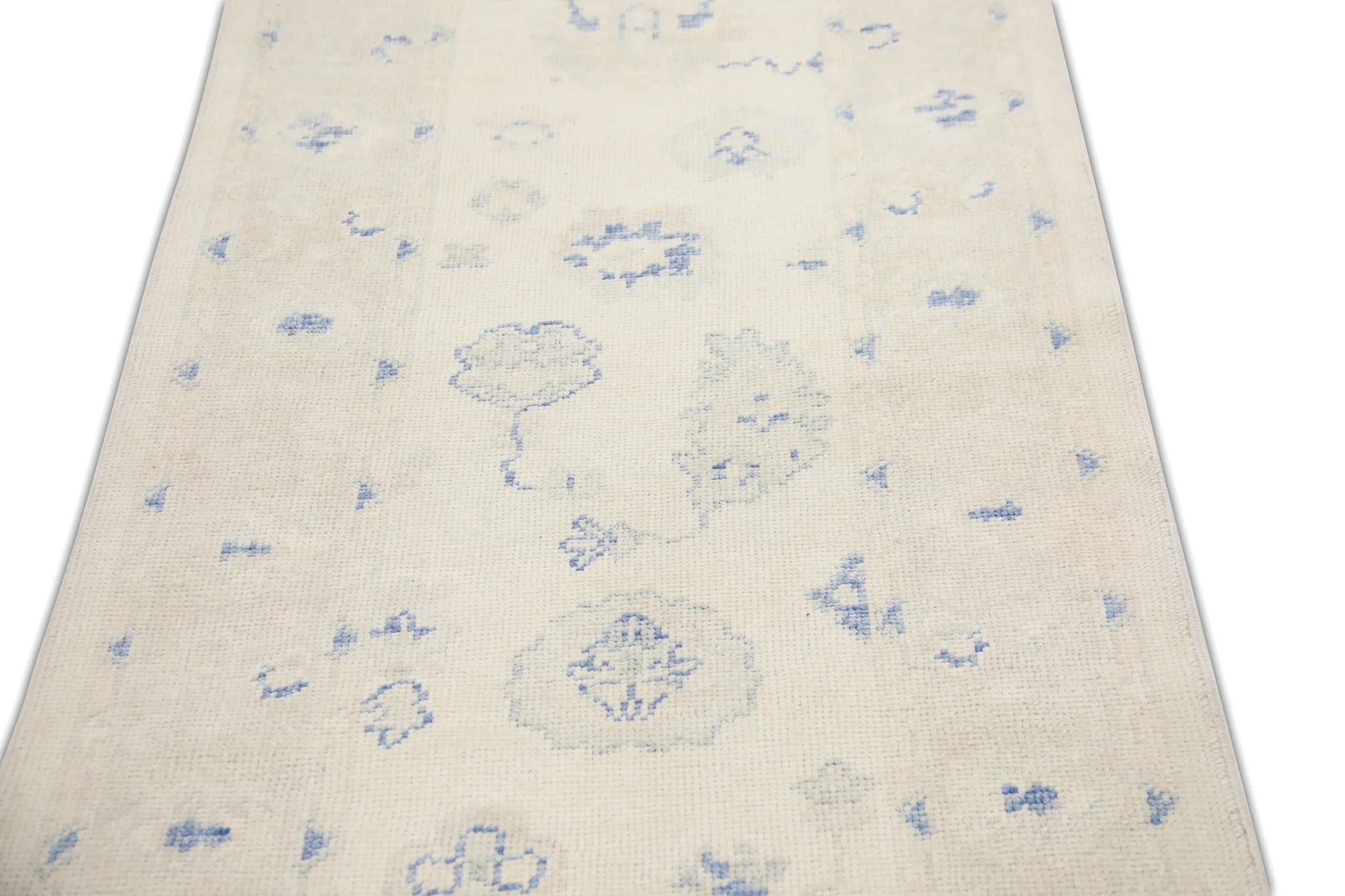 Contemporary Cream & Blue Floral Handwoven Wool Turkish Oushak Rug 3'1