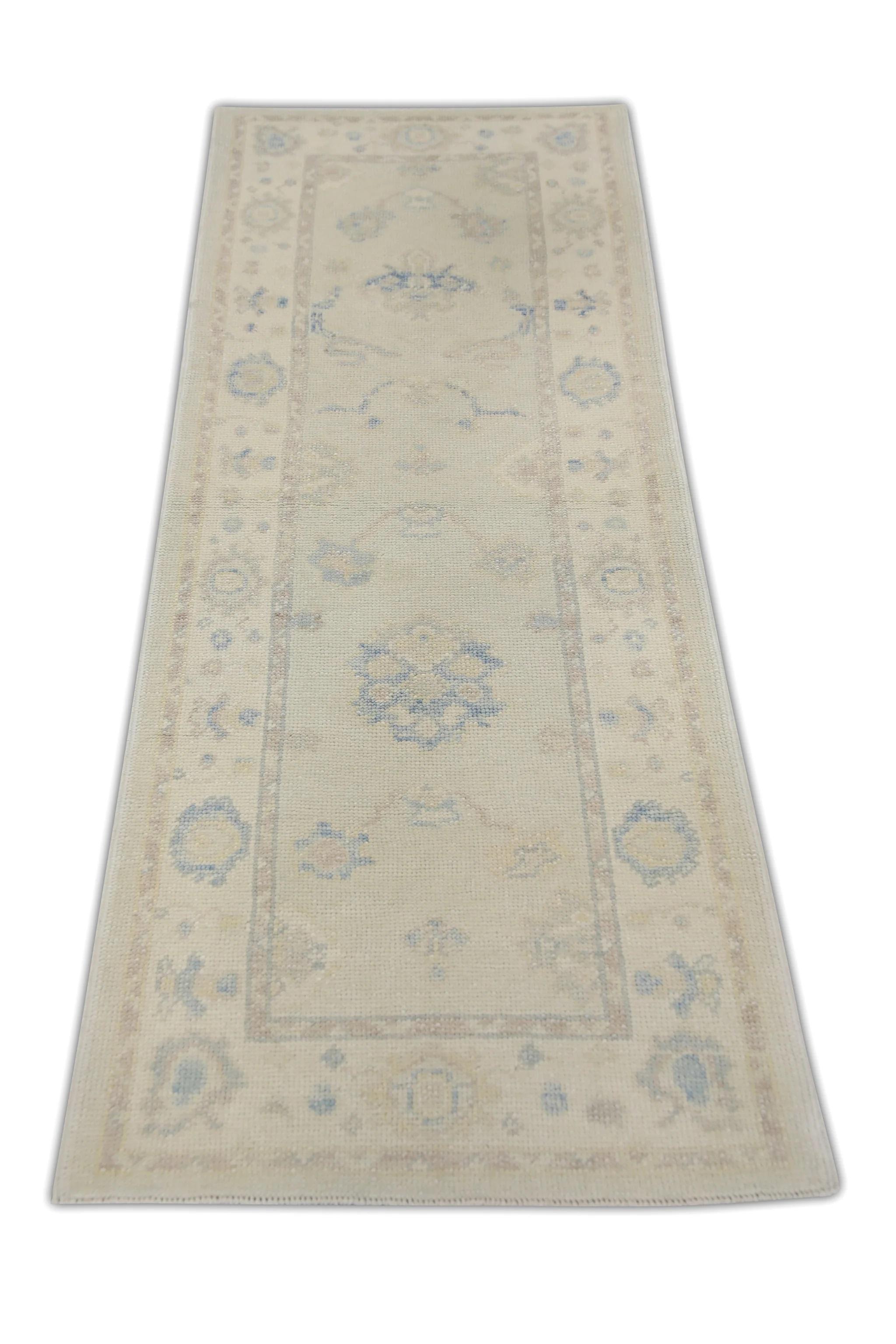 Contemporary Cream & Blue Floral Handwoven Wool Turkish Oushak Rug 2'6