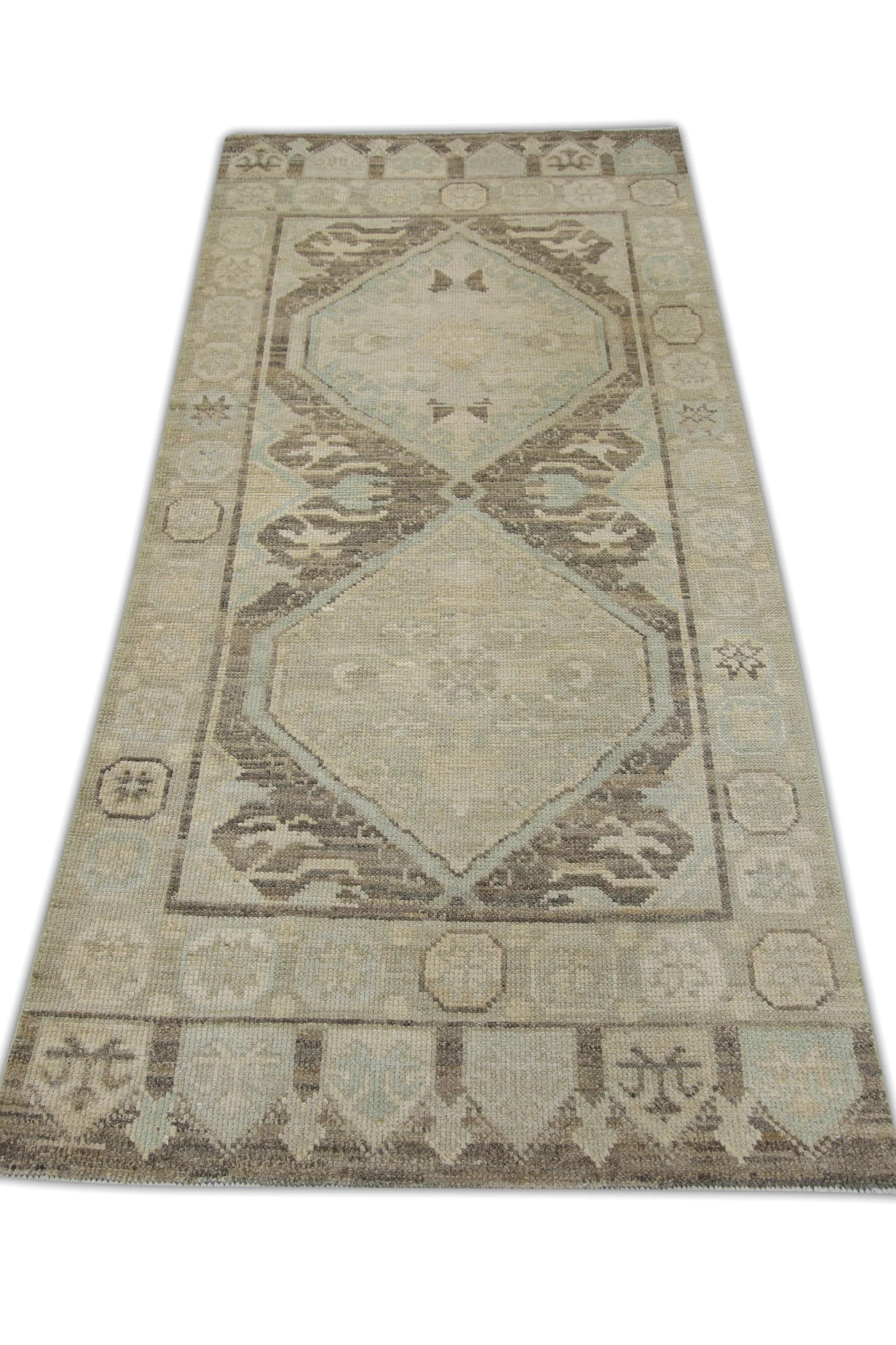 Contemporary Handwoven Wool Turkish Oushak Rug in Brown & Blue Medallion Design 3'1