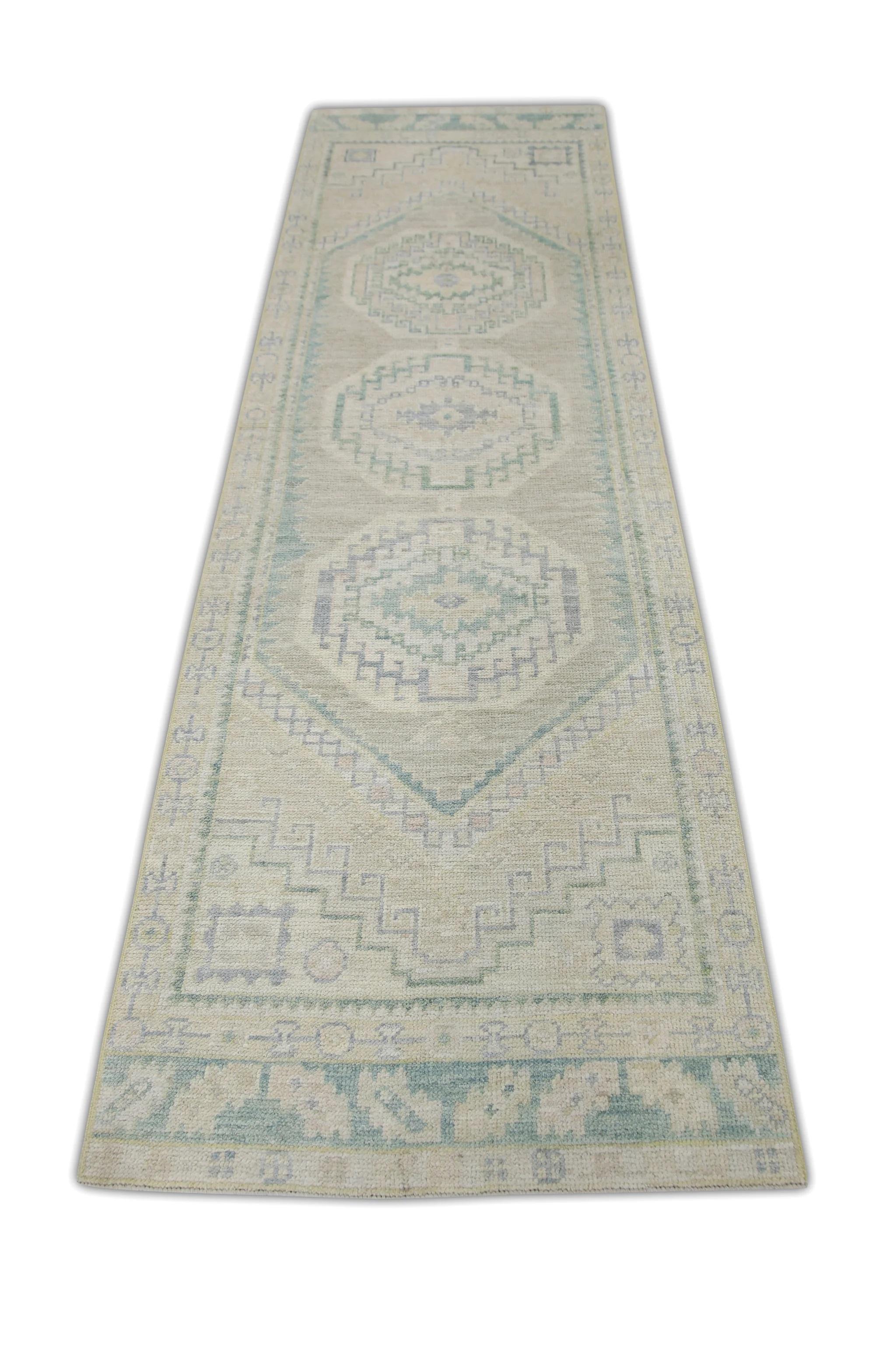 Contemporary Medallion Design Handwoven Wool Turkish Oushak Rug in Blue & Green 2'10