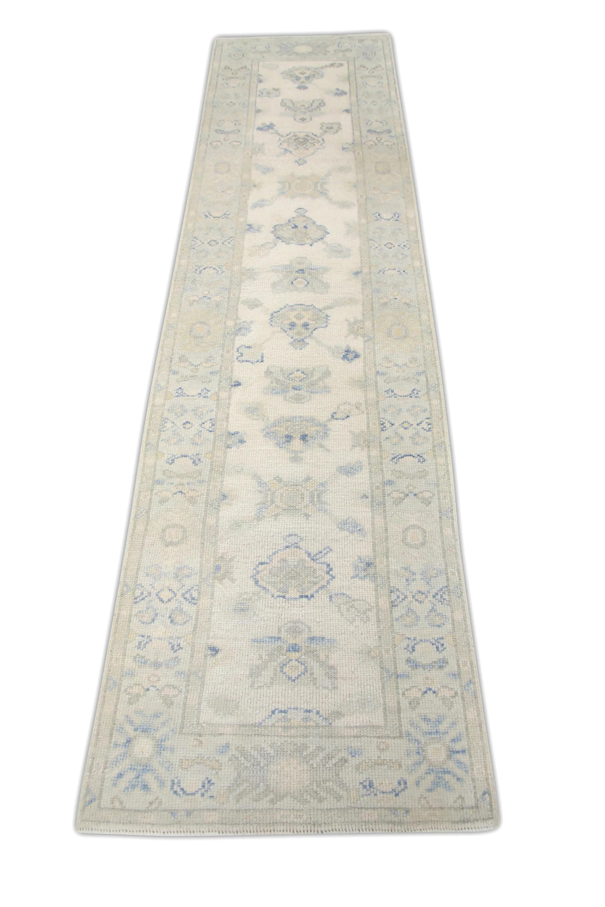 Contemporary Cream Handwoven Wool Turkish Oushak Rug in Green & Blue Floral Design 2'5