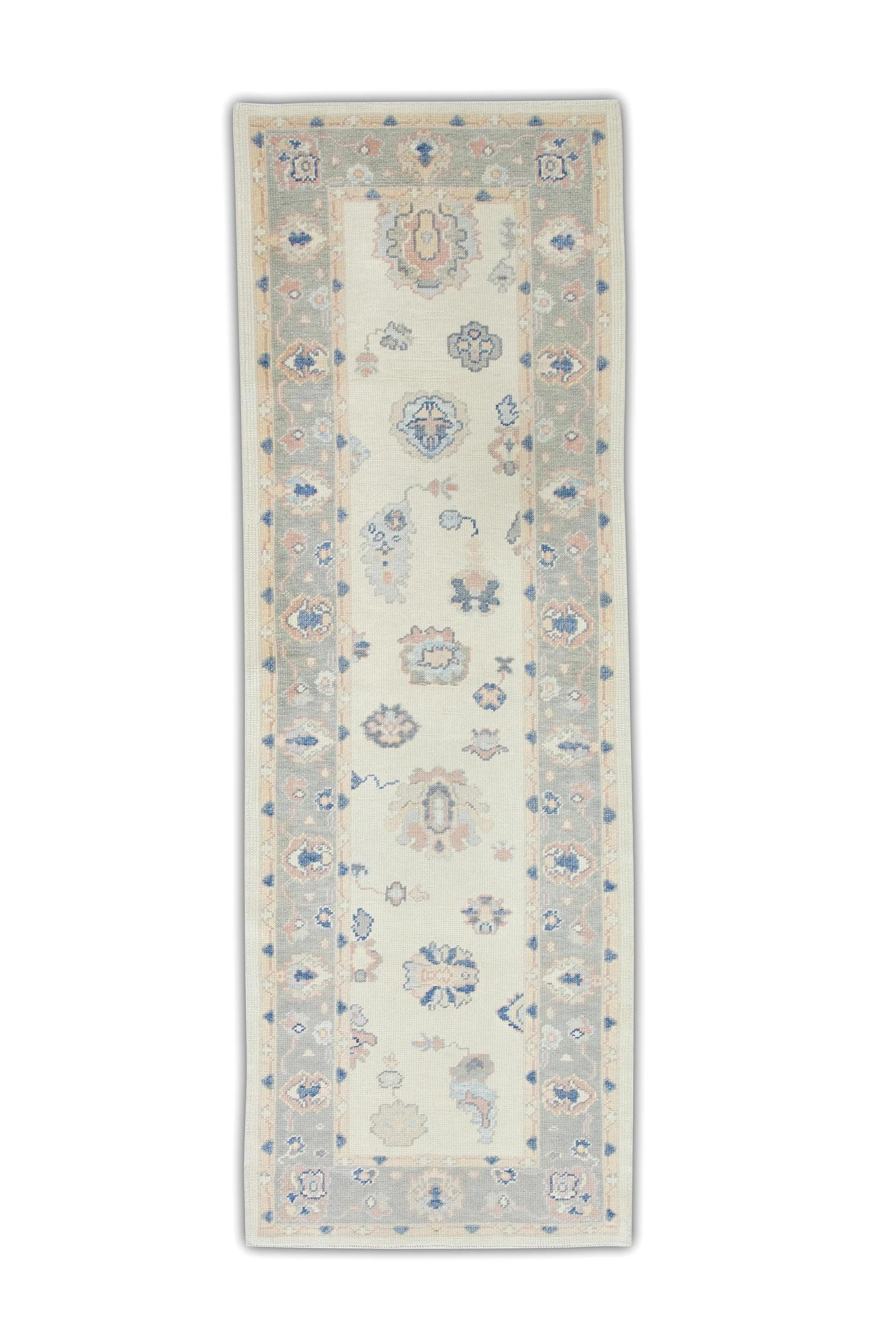 Contemporary Cream Handwoven Wool Turkish Oushak Rug in Pink & Blue Floral Design 3' x 8'11