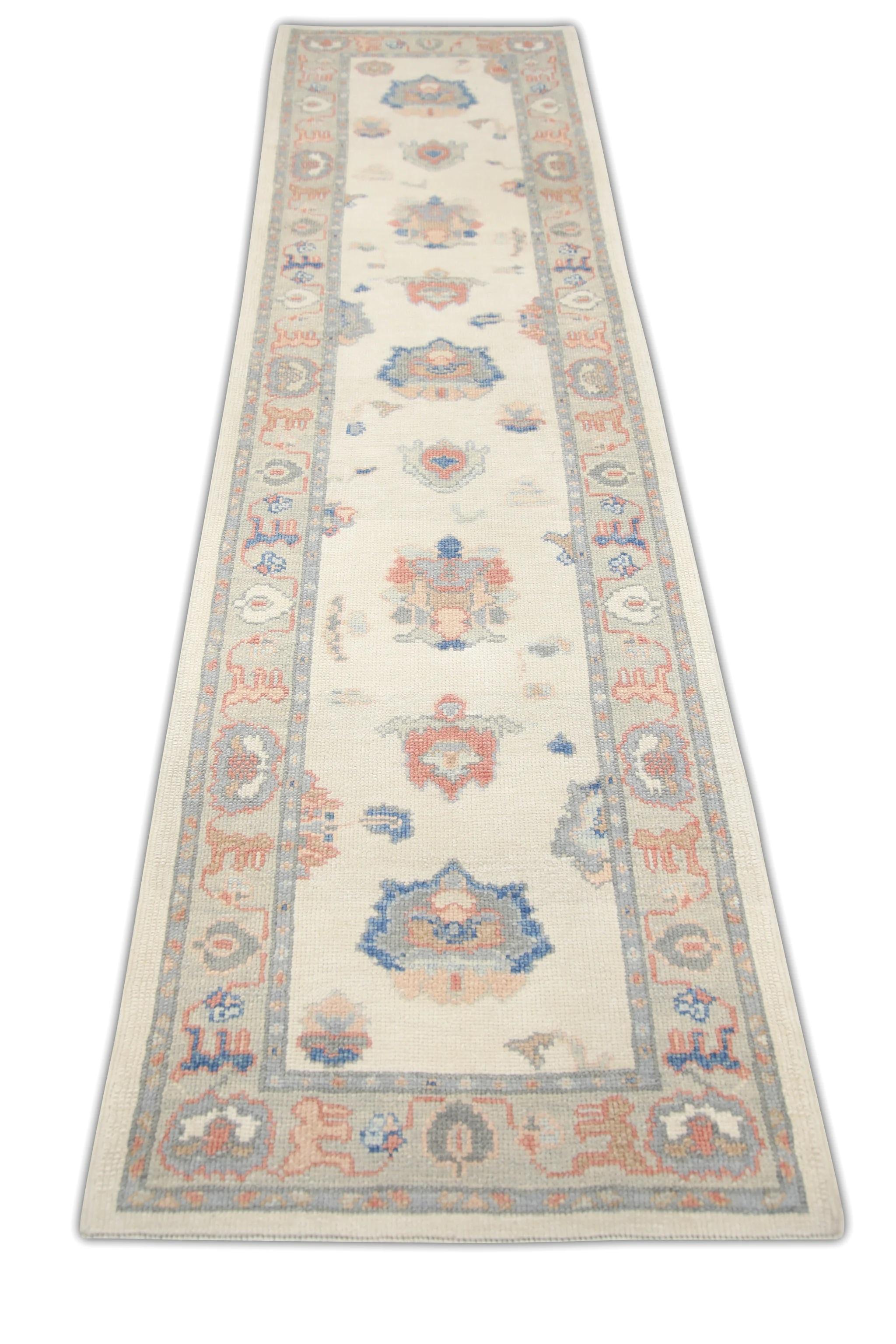 Contemporary Cream Handwoven Wool Turkish Oushak Rug in Blue & Pink Floral Design 2'9