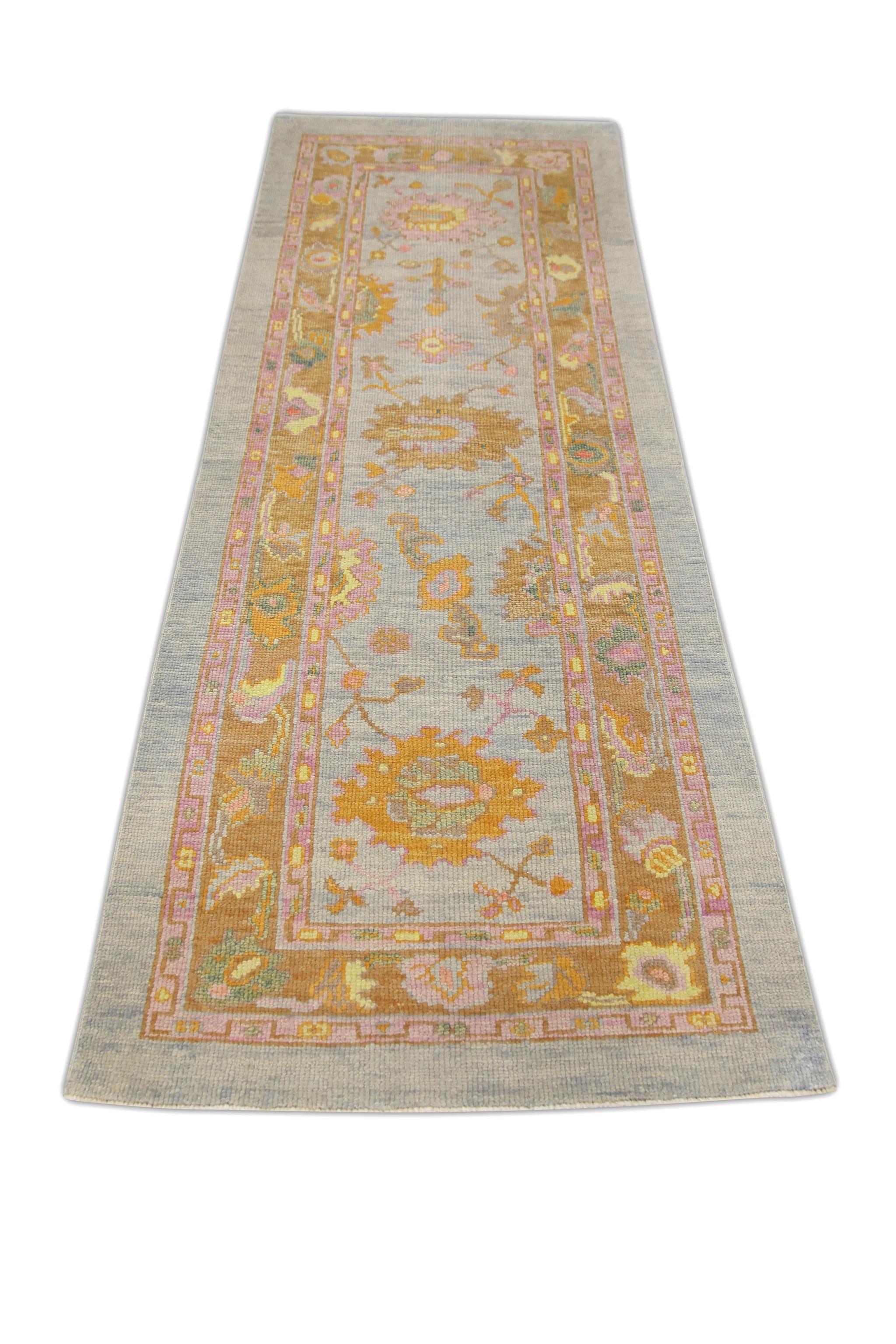 Contemporary Floral Design Handwoven Wool Turkish Oushak Rug in Blue and Pink 3' x 8'4